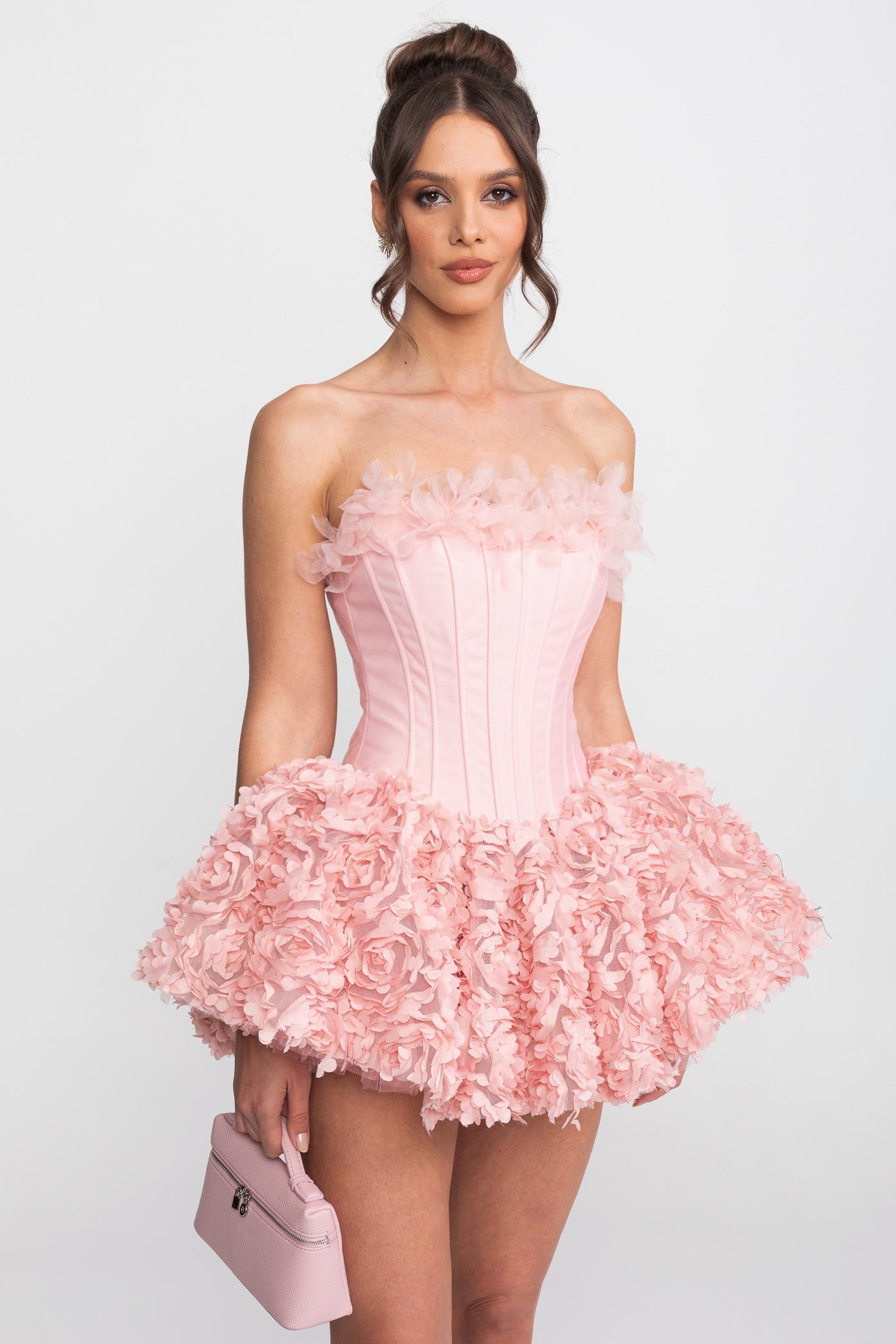 Trägerloses Corsagen-Minikleid mit 3D-Rosenapplikationsrock - Pink 