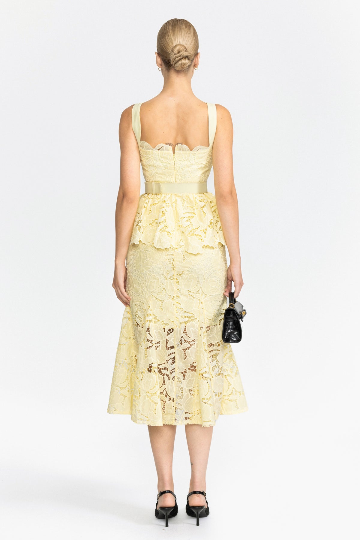 Guipure Lace Peplum Midi Dress - Yellow
