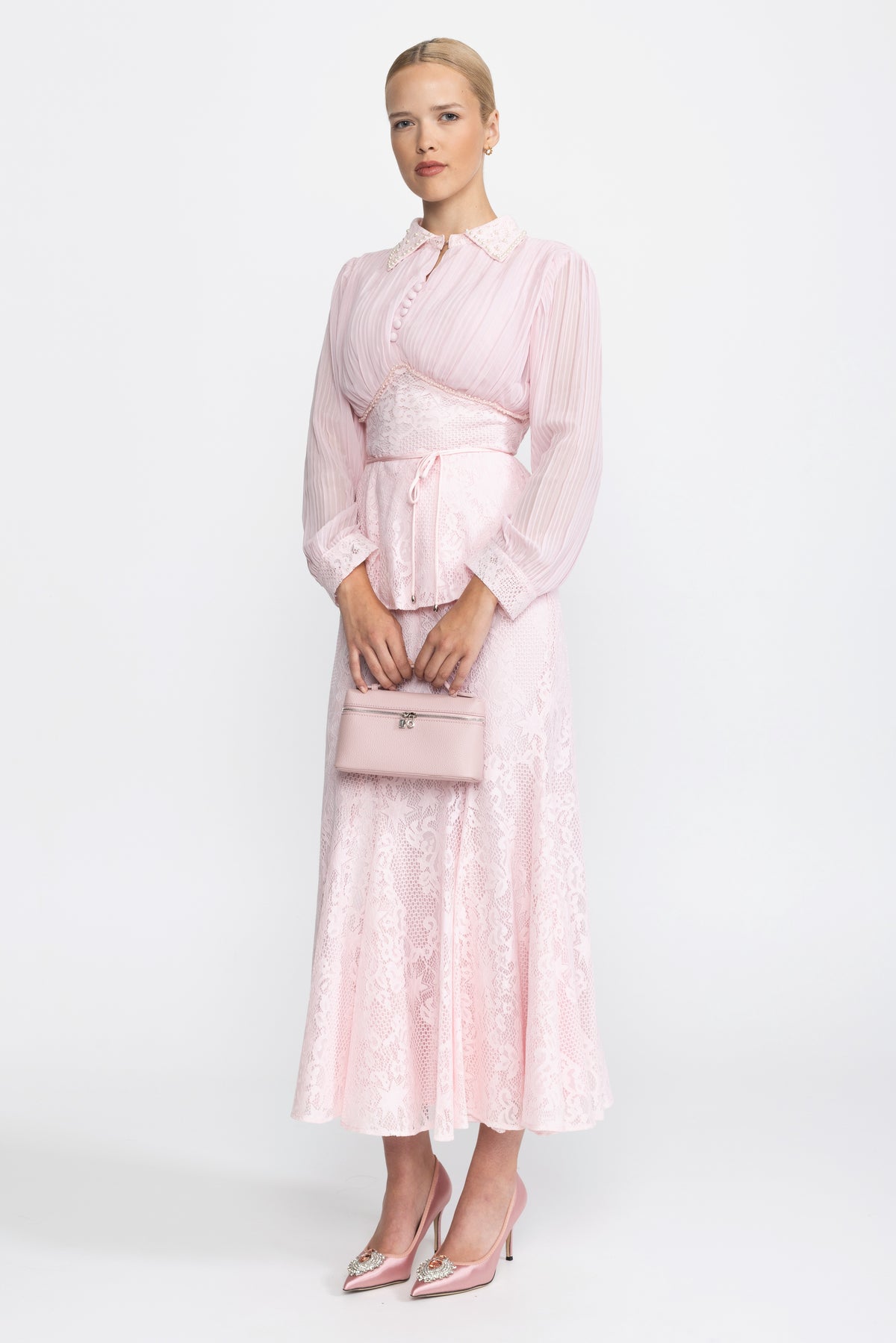 Plissierte Chiffonbluse und Meerjungfrauenrock aus Spitze im Co-ord-Set - Pink 