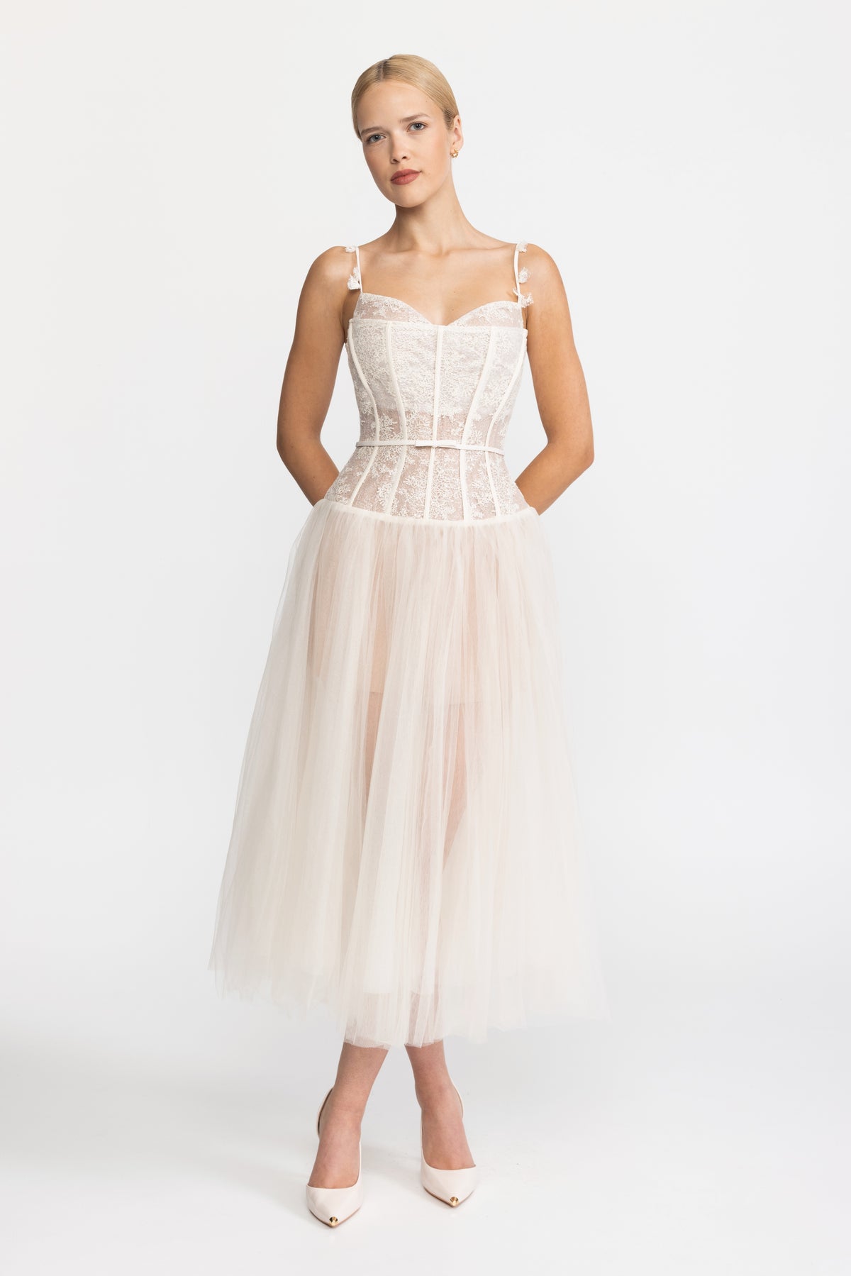 Midi-Kleid aus Tüll mit Spitzenkorsage – Beige 