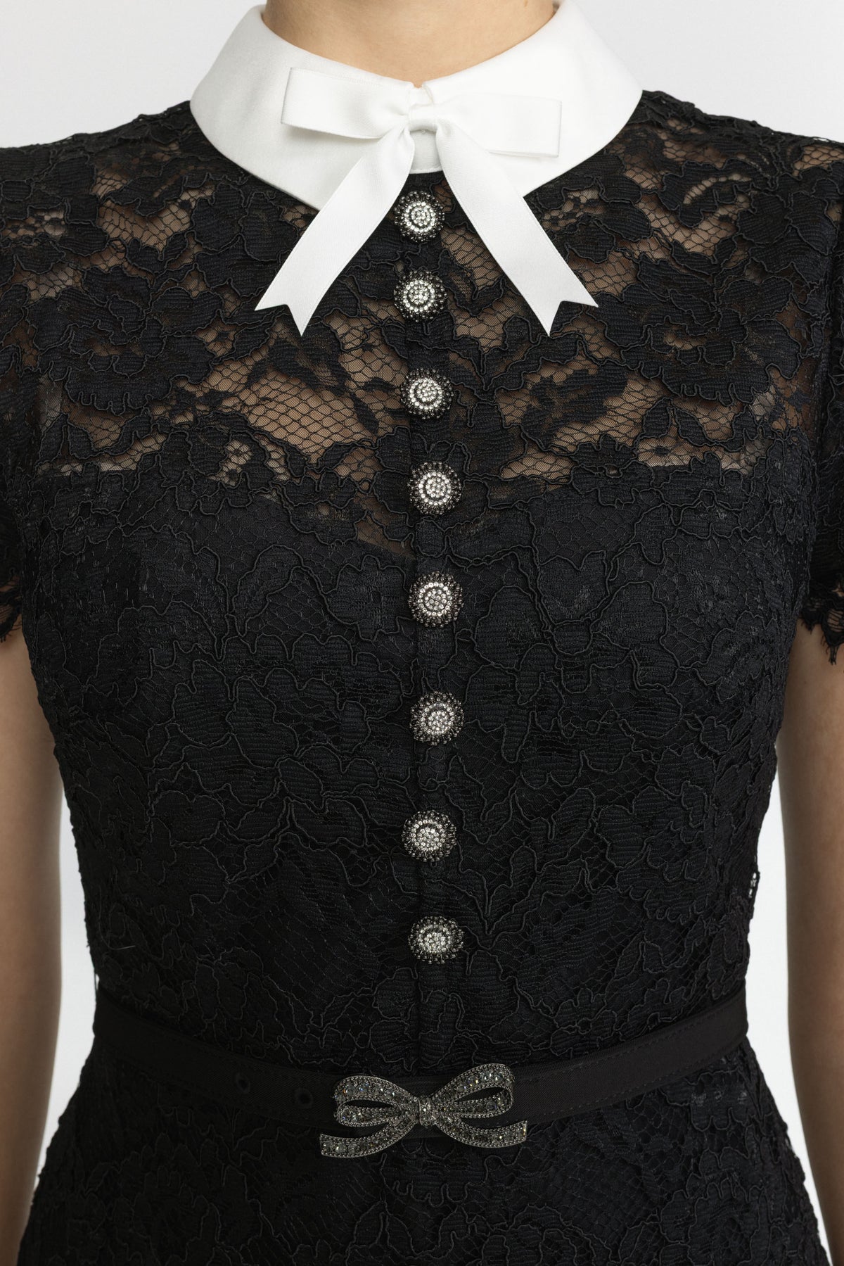 Corded Lace Bow Collar Midi Dress - Black