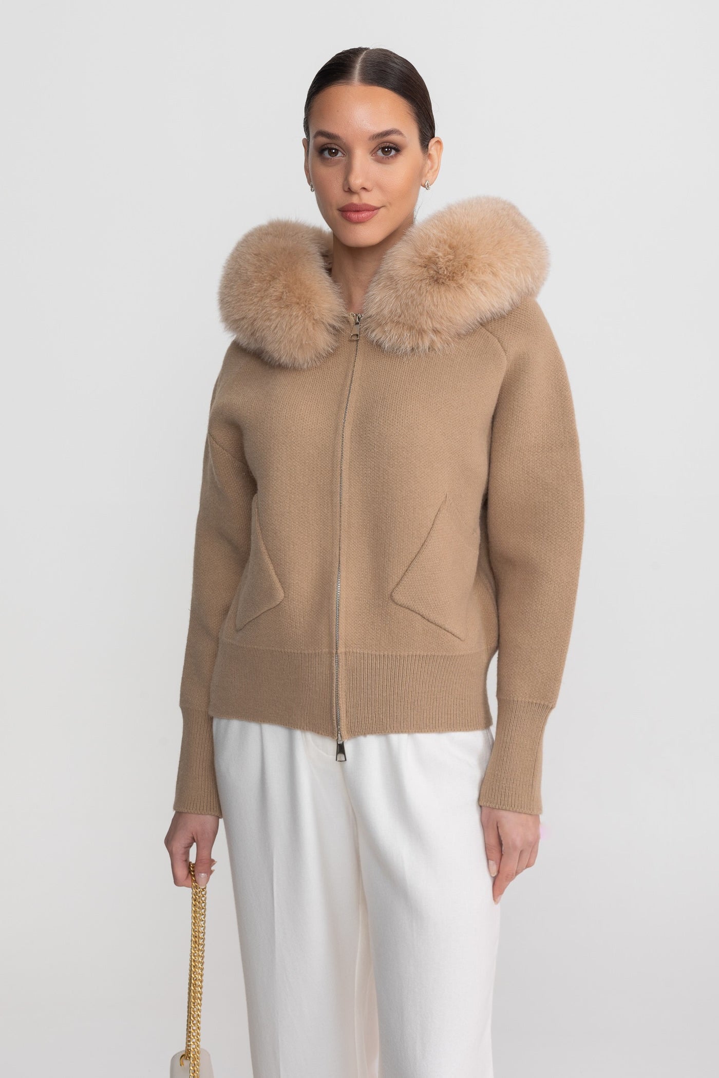 Zip-Up Wool Hoodie With Fox Fur Collar – Brown