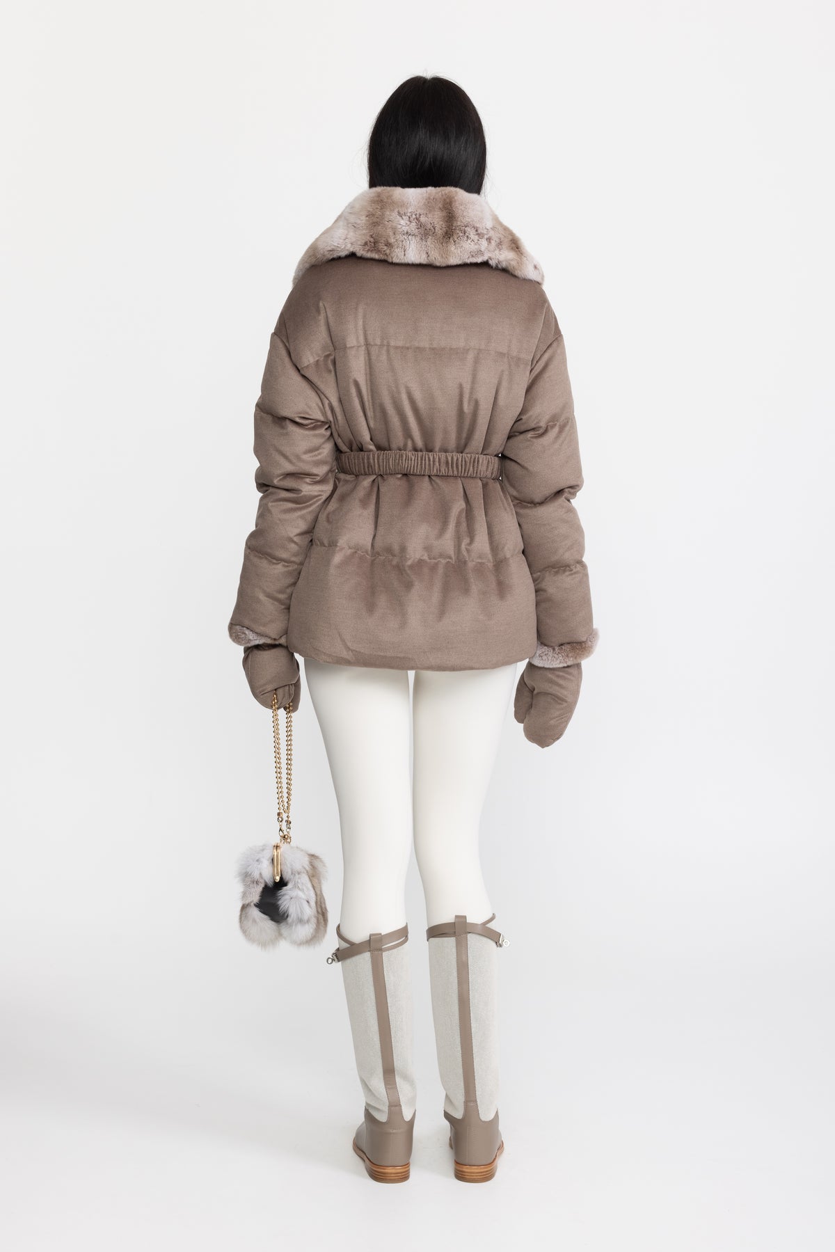 Rex Rabbit Fur Collar Cotton-Silk Down Jacket - Taupe