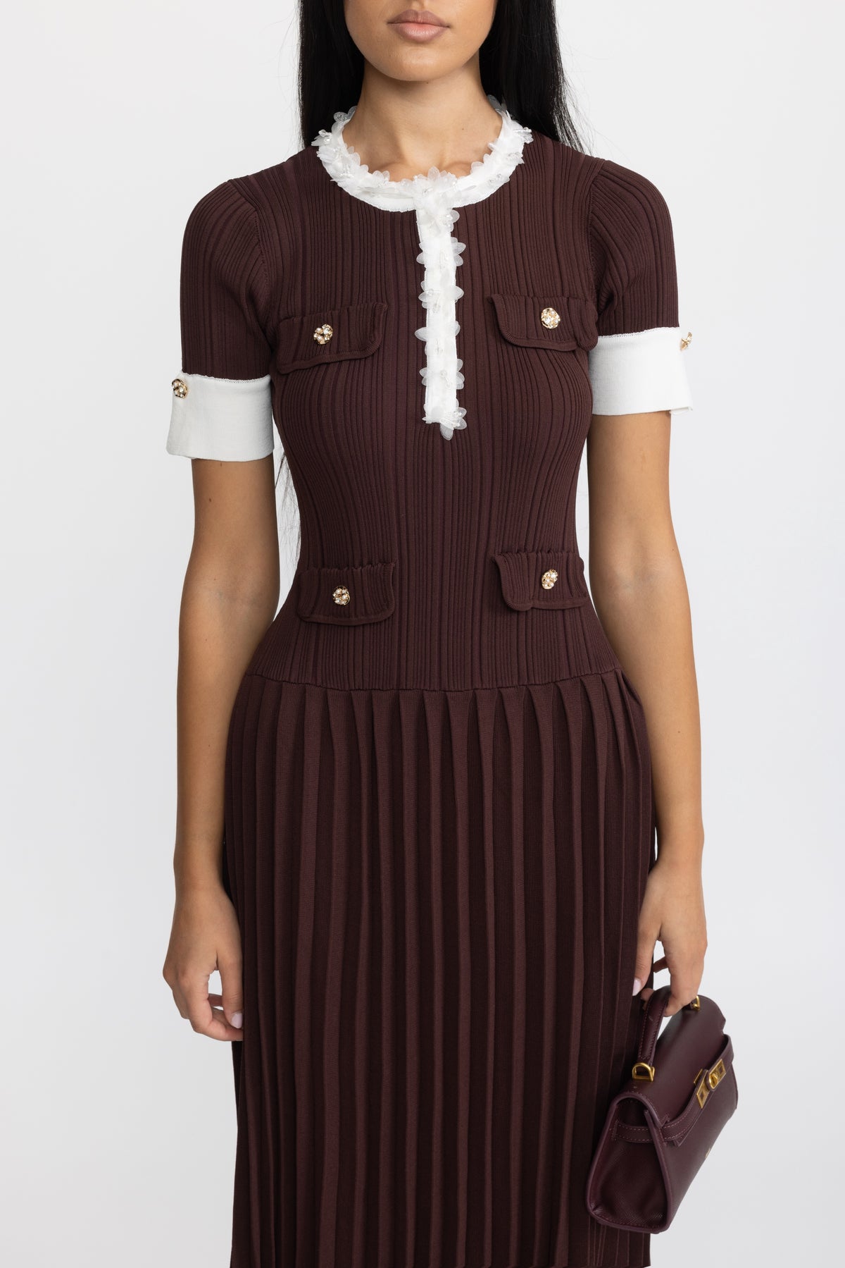 Pleated Knit Ruffle Trim Midi Dress - Chocolate