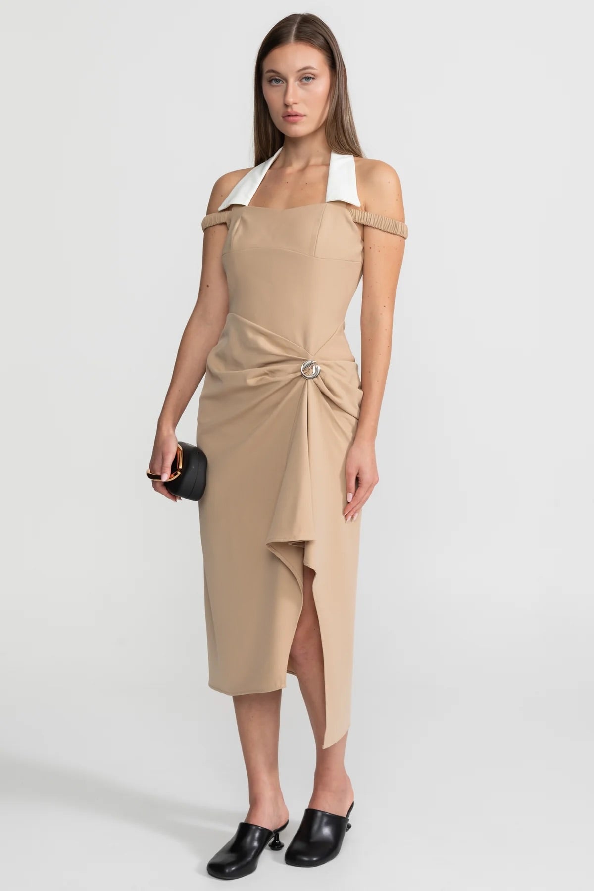 Draped Halter Midi Dress With Asymmetric Drape Detail – Nude