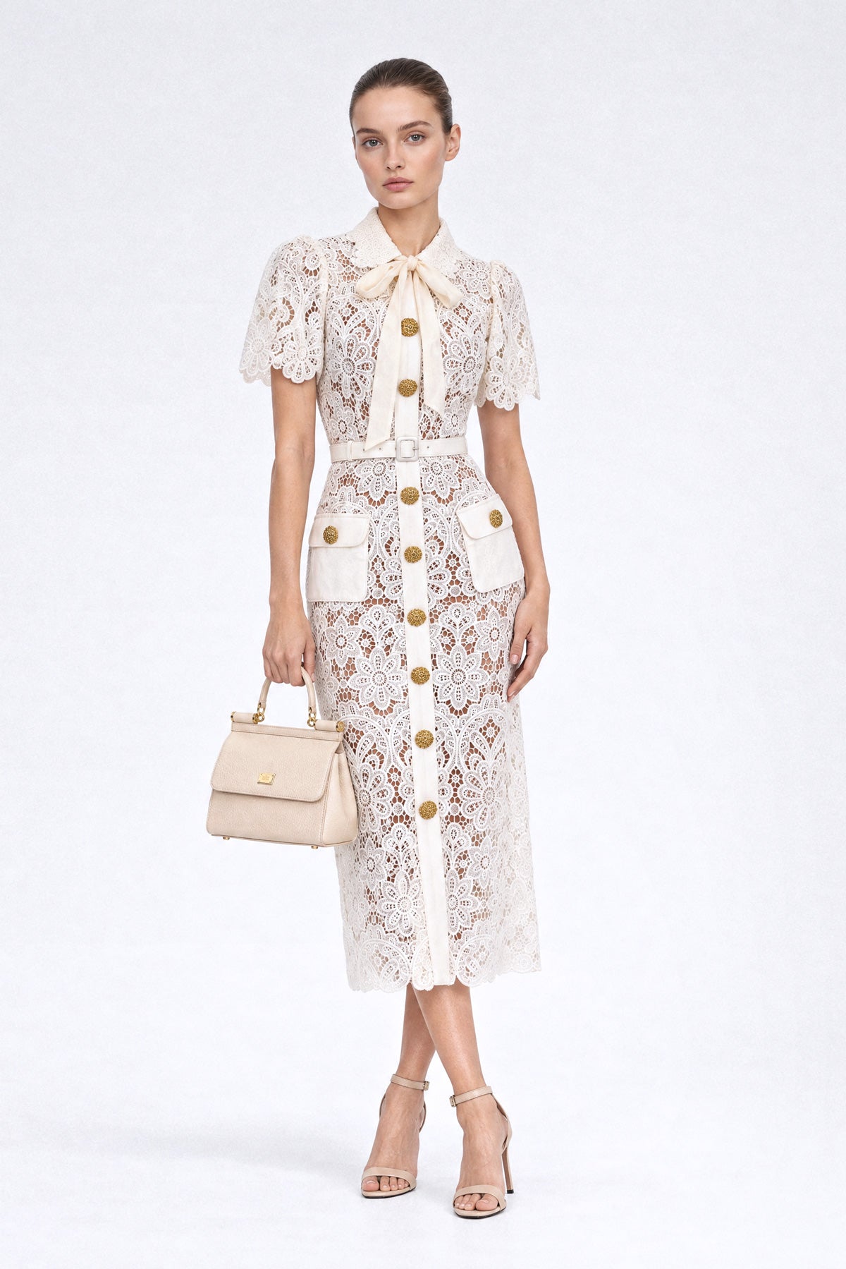Guipure Lace Shirt Midi Dress with Gold Buttons - Ivoire