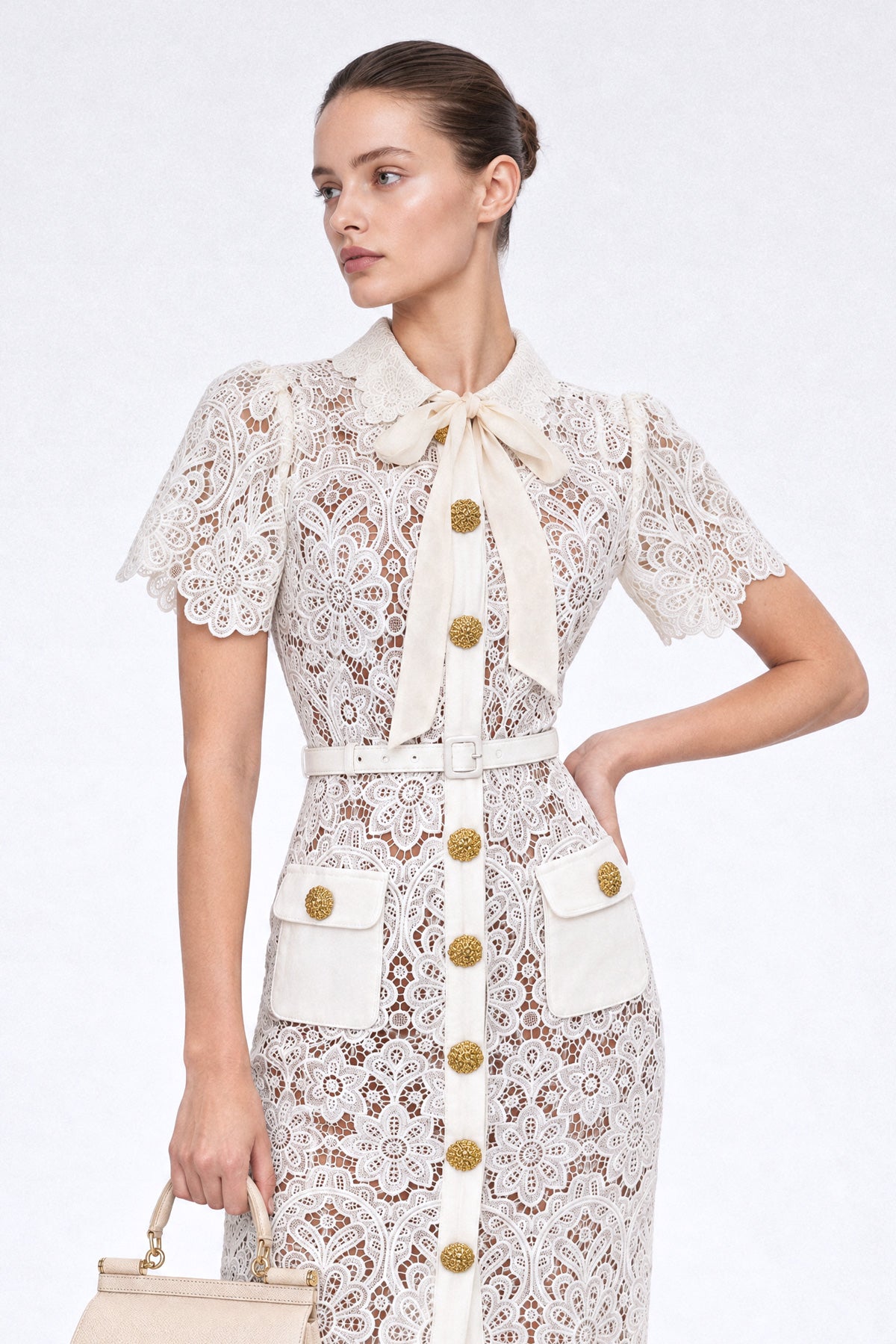 Guipure Lace Shirt Midi Dress with Gold Buttons - Ivoire