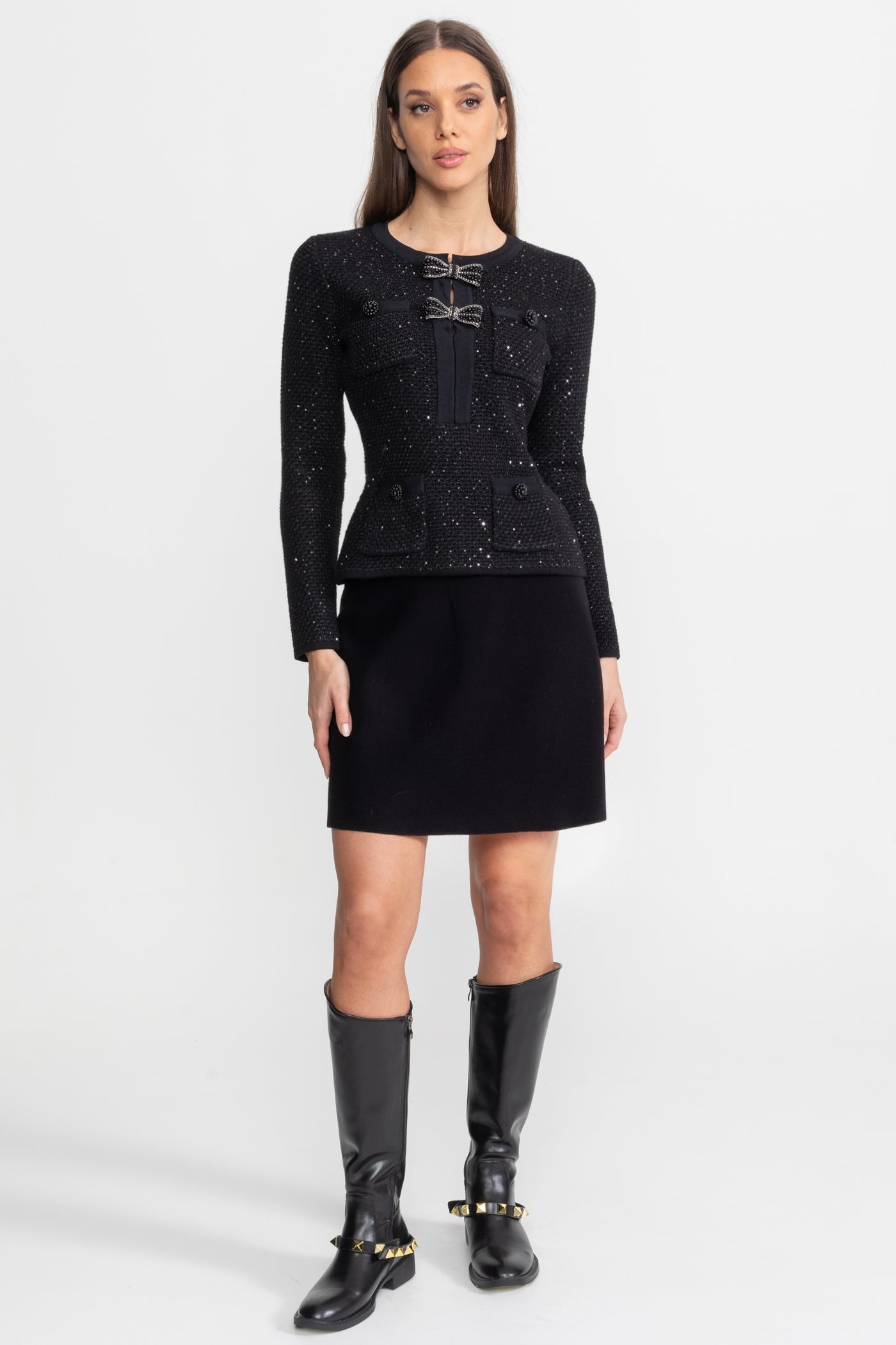 Embellished Tweed Co-Ord Set with Bow Closures And Mini Skirt – Black