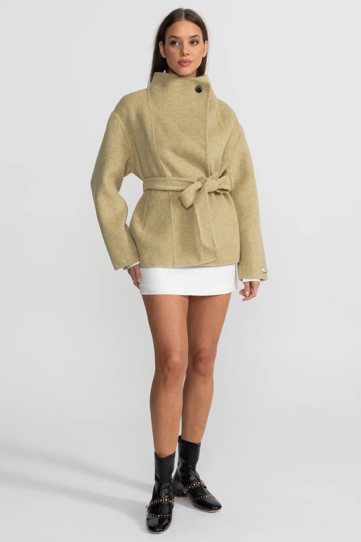 Belted Mini Coat With High Neckline - Beige