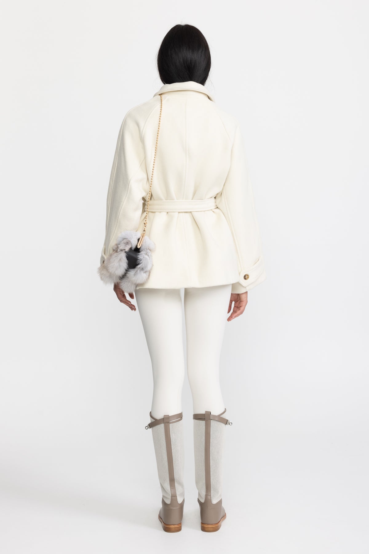 Swing-Jacke aus Wolle und Kaschmir mit Gürtel - Ivoire 