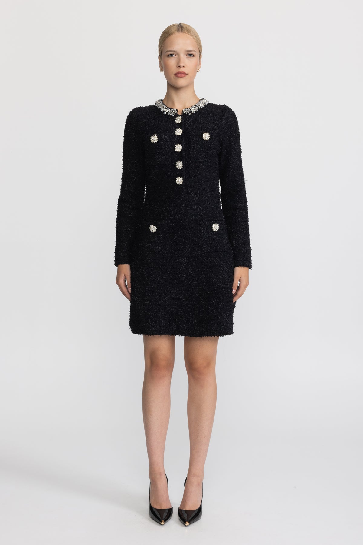 Mini-Kleid aus Bouclé-Strick mit Kristallbesatz - Schwarz 