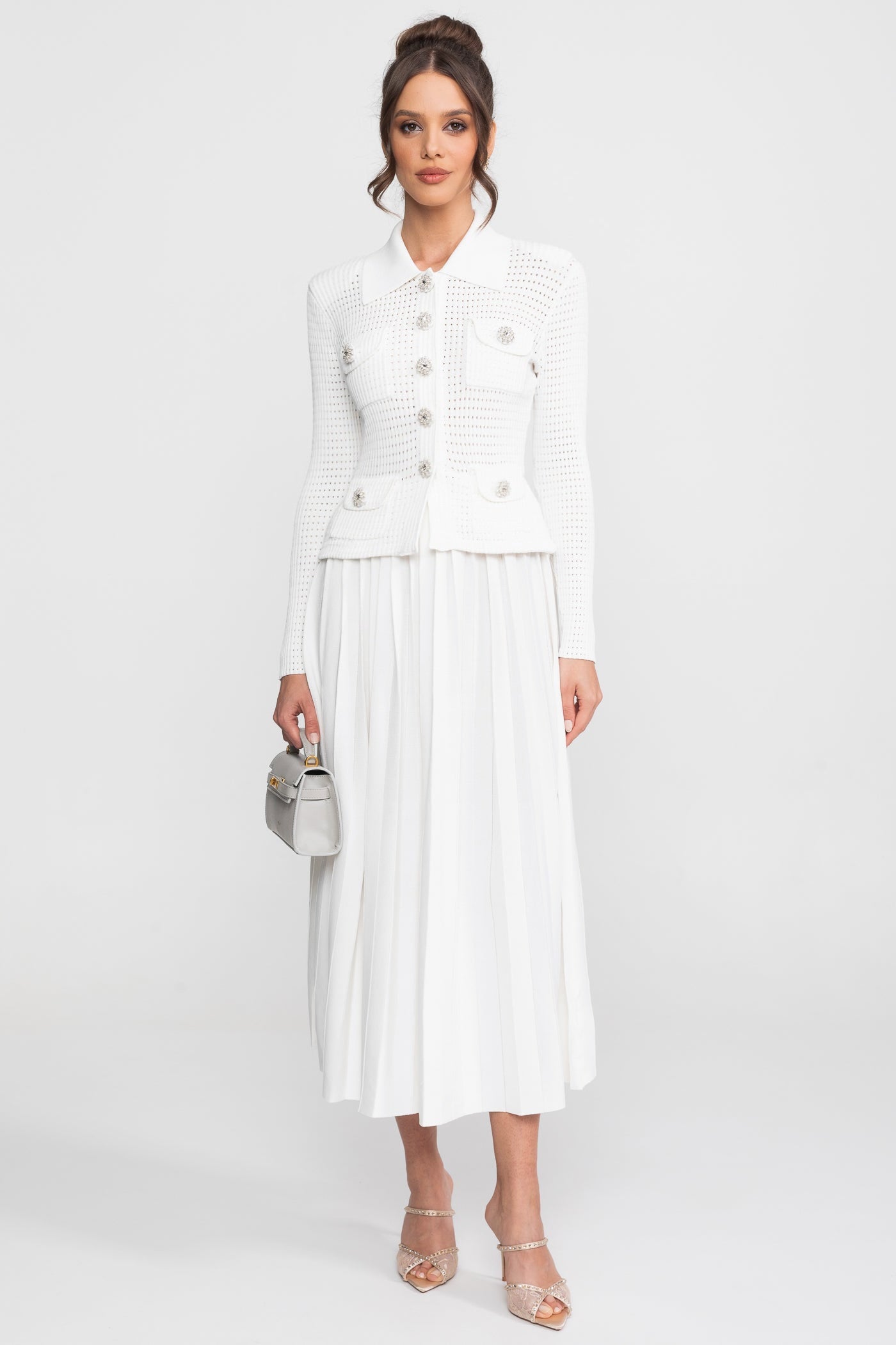 Open-Knit Dress with Pleated Midi Skirt - White
