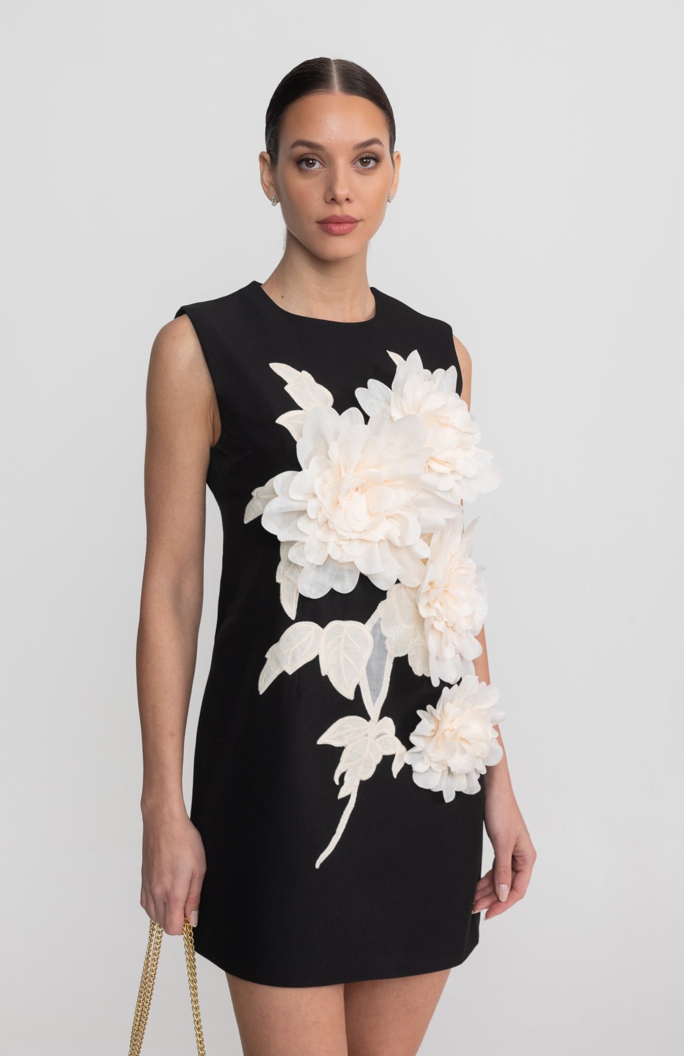 Sleeveless Mini Dress With Round Neckline And 3D Floral Appliqué - Black