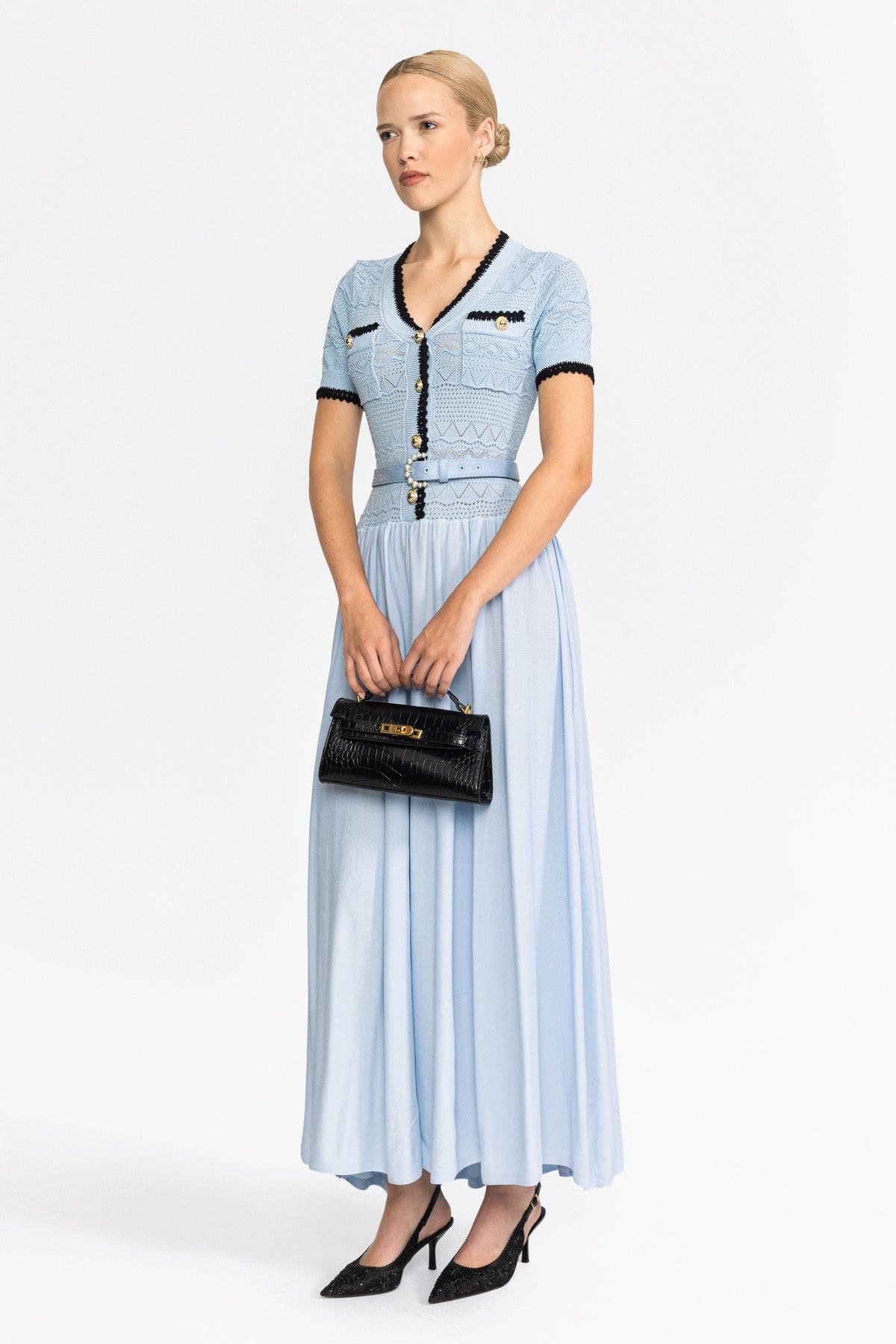 Maxikleid mit Pointelle-Strickmieder und Gürtel - Hellblau 