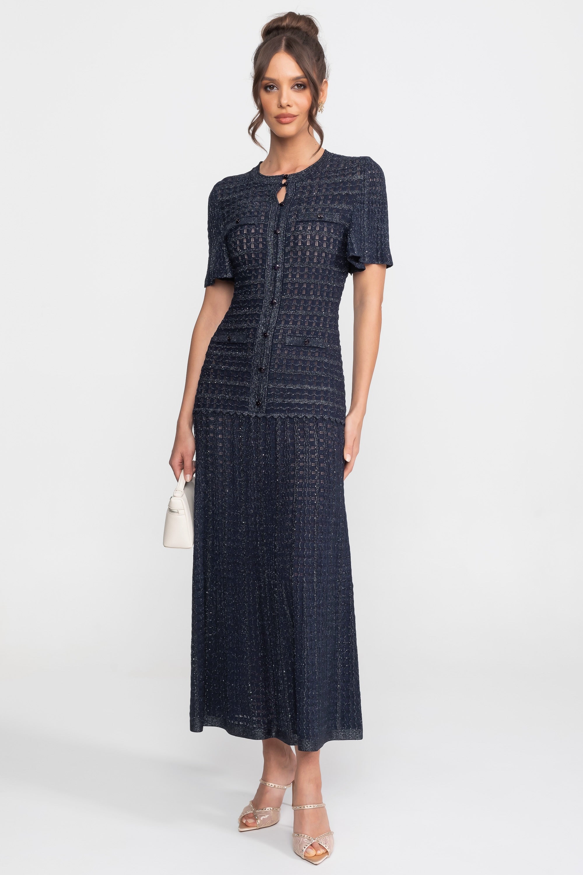 Short Sleeve Midi Dress With Shimmer Knit Texture - Navy