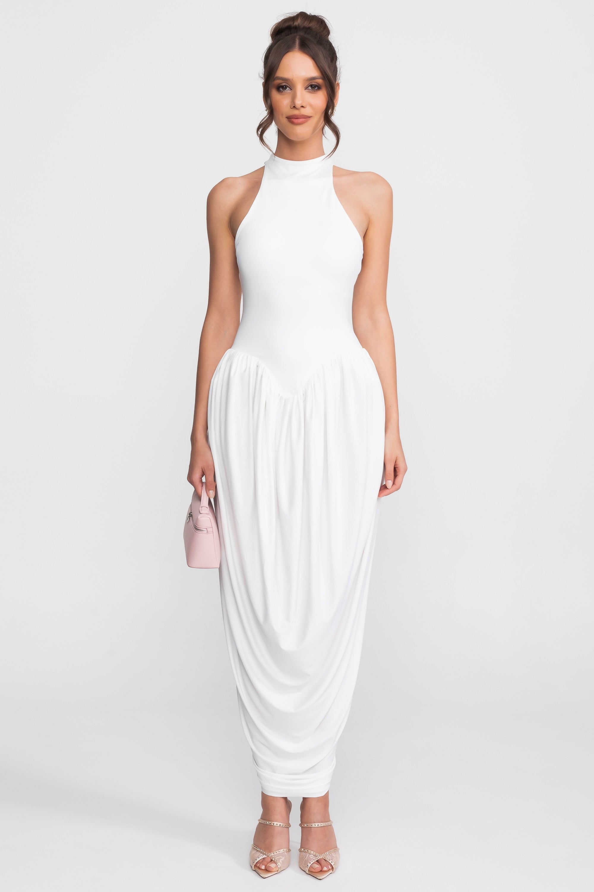 Halterneck-Maxikleid mit gerafftem Ballonrock - Weiß 