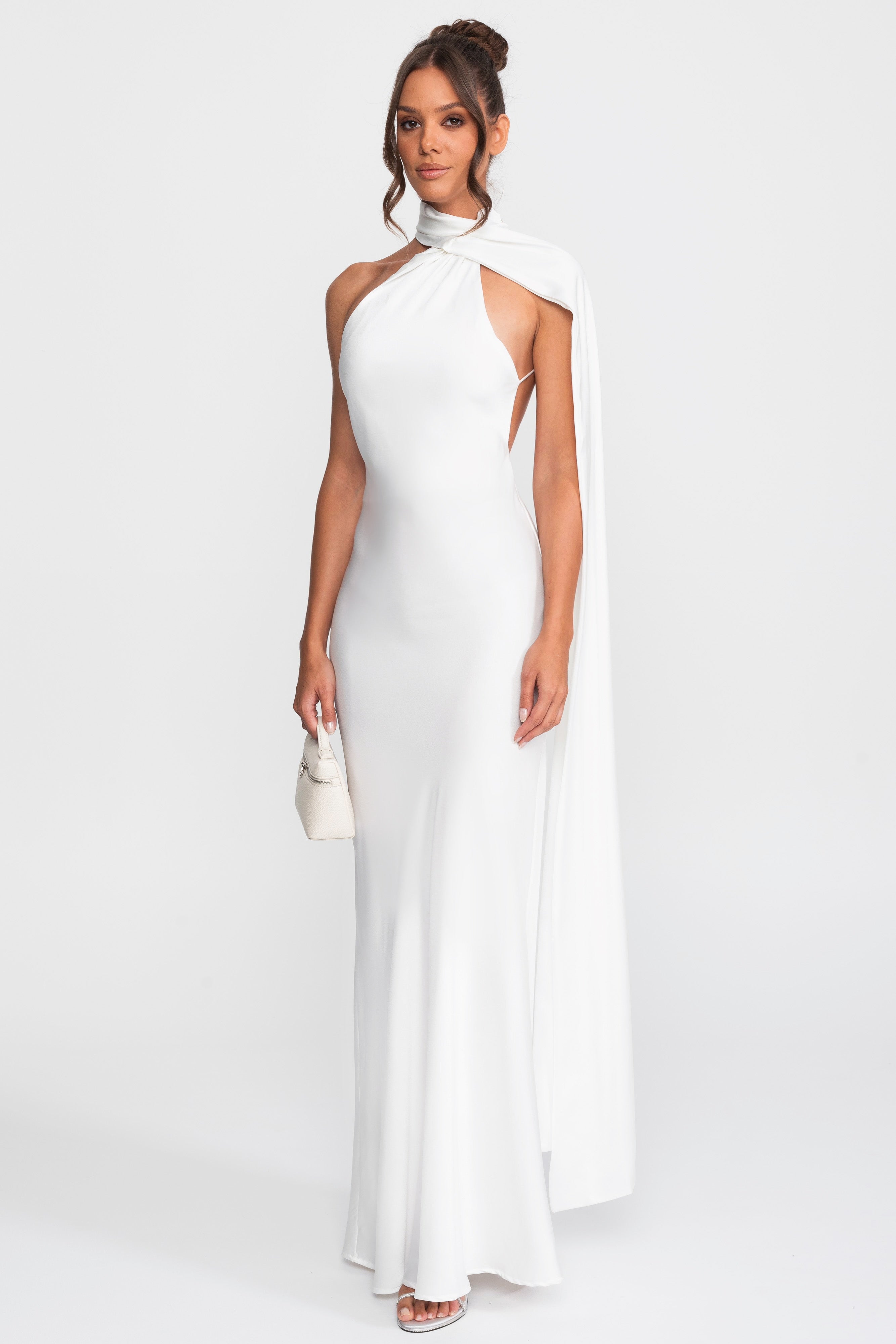 Twist-Halter-Satinkleid im Slip-Stil mit asymmetrischem Ausschnitt - Weiß 