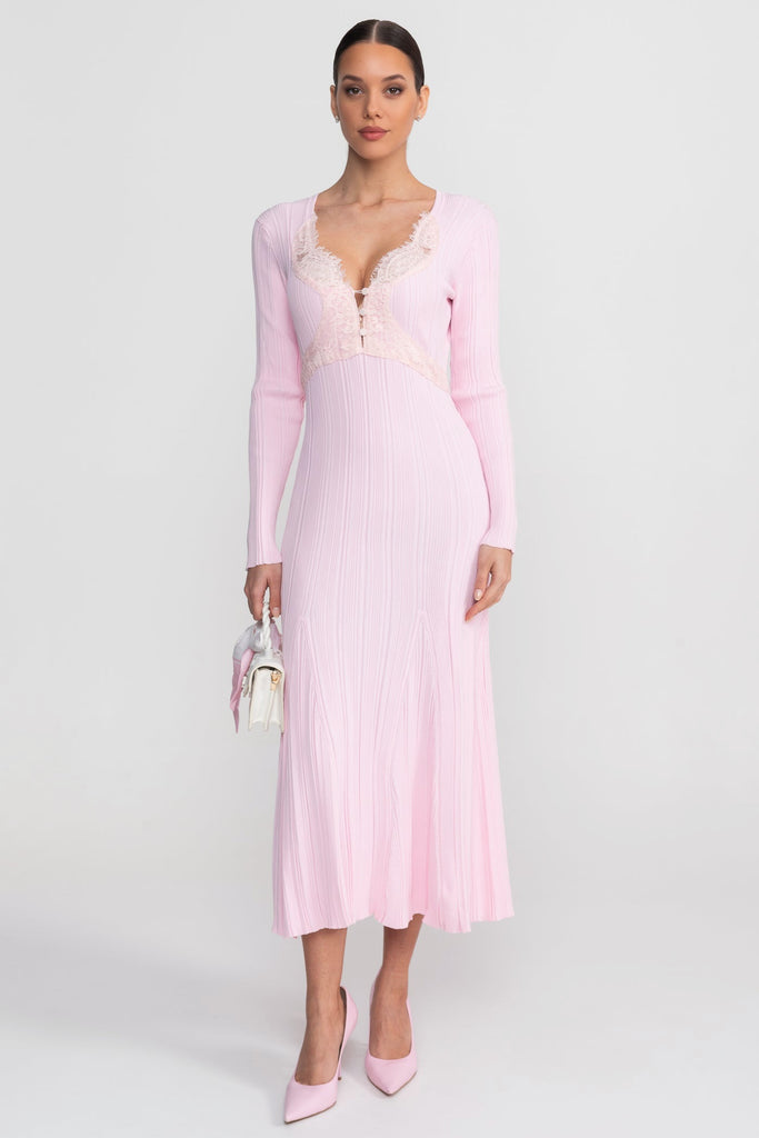 Geripptes Midi-Kleid mit langen Ärmeln und V-Ausschnitt mit Spitzenbesatz - Baby Pink 