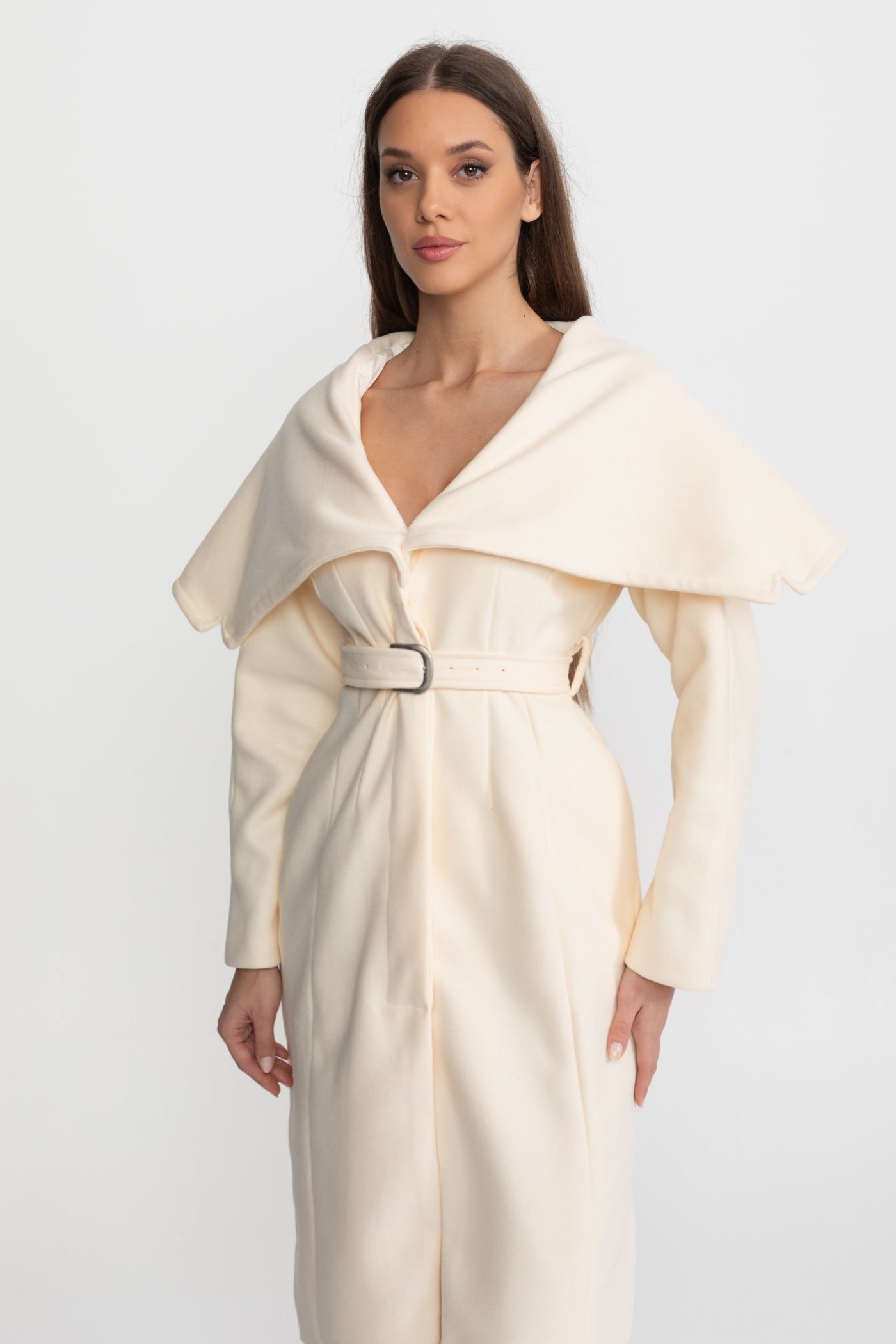 Long Wool Blend Coat with Cape Collar – Ivoire