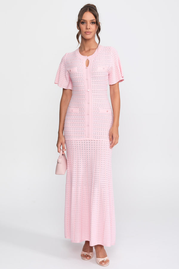 Midi-Kleid mit kurzen Ärmeln und schimmernder Strickstruktur - Pink 