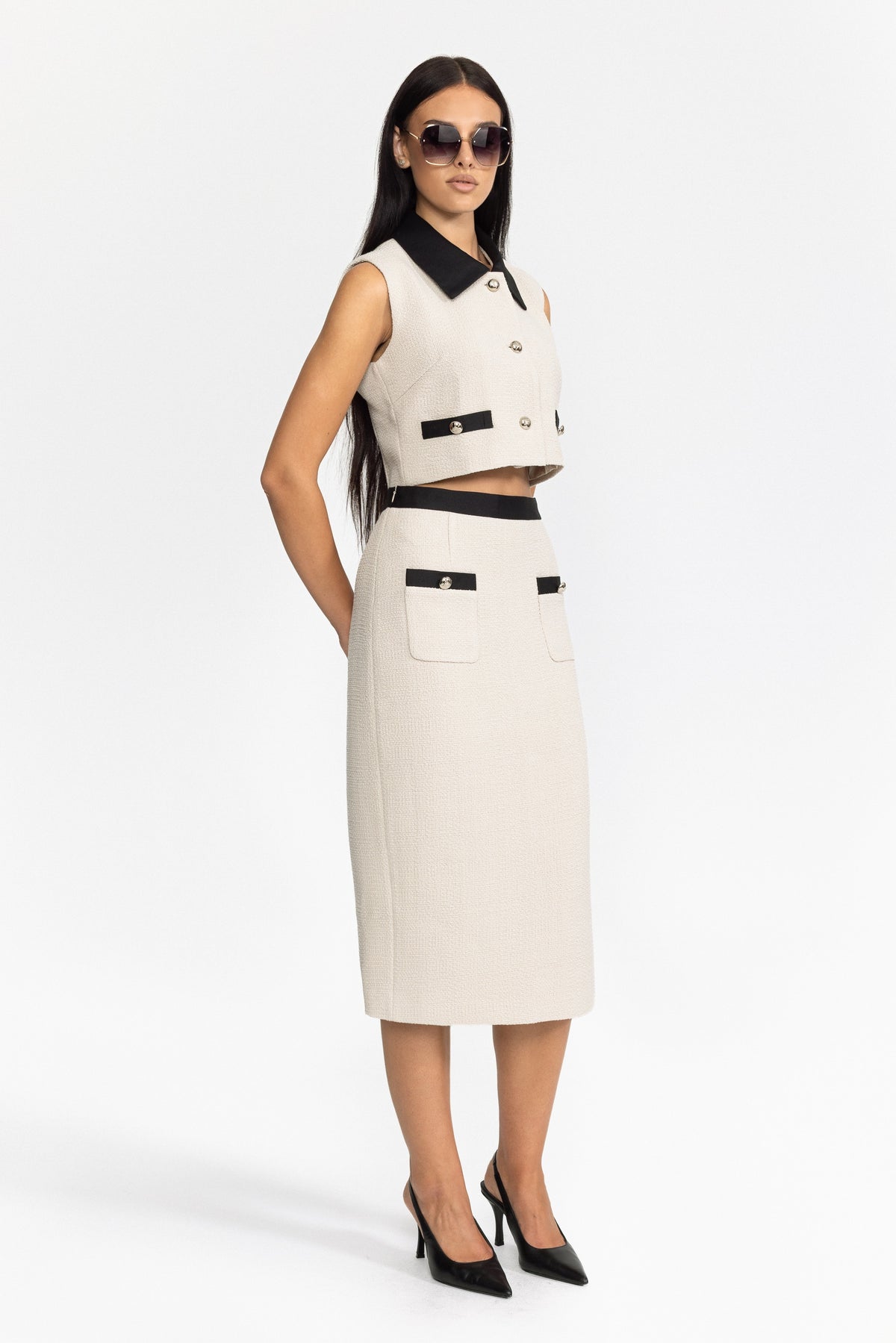 Contrast Collar Tweed Crop Top and Midi Skirt Set - Off-White