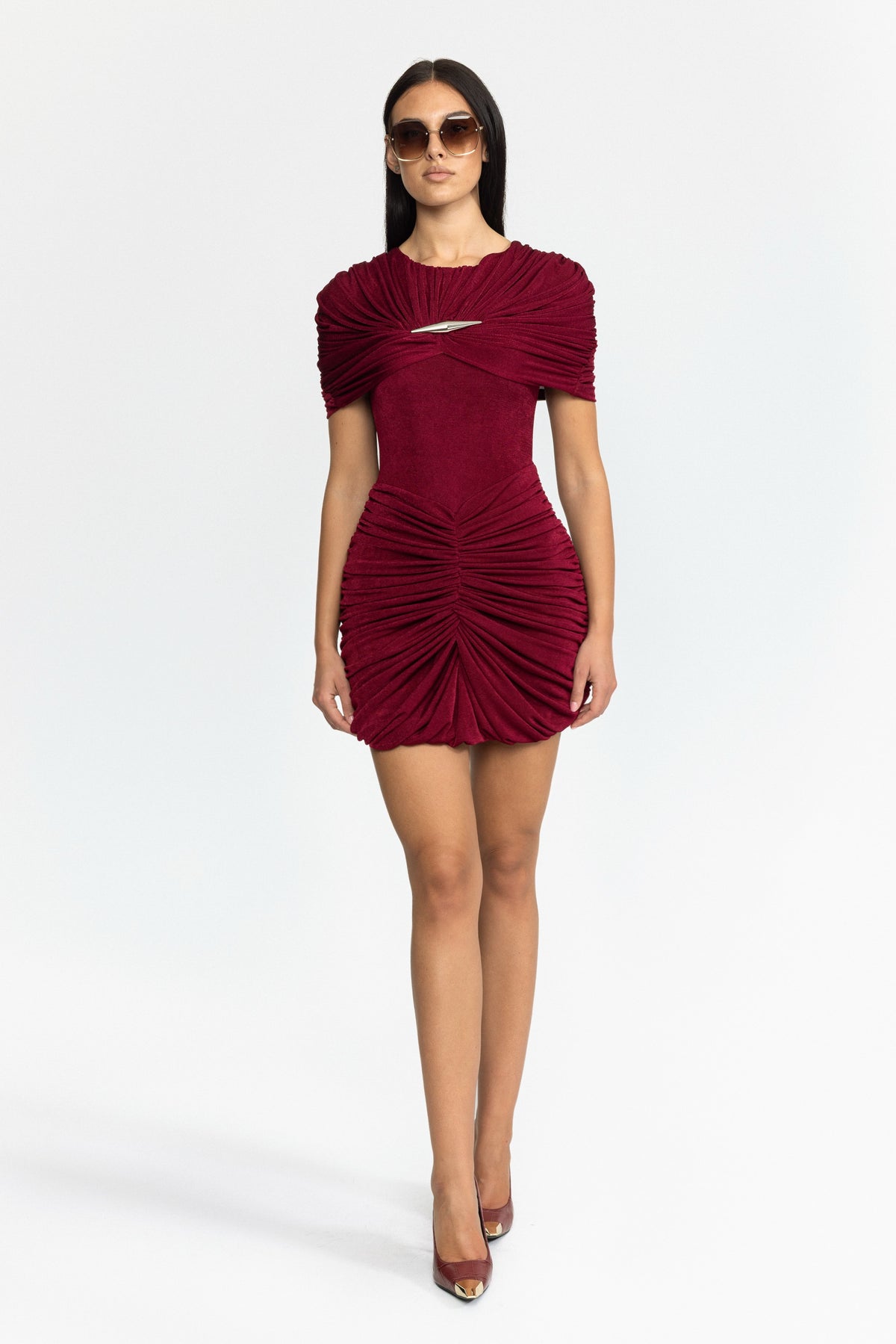 Gerafftes Mini-Cape-Kleid in Drapé-Optik - Weinrot 