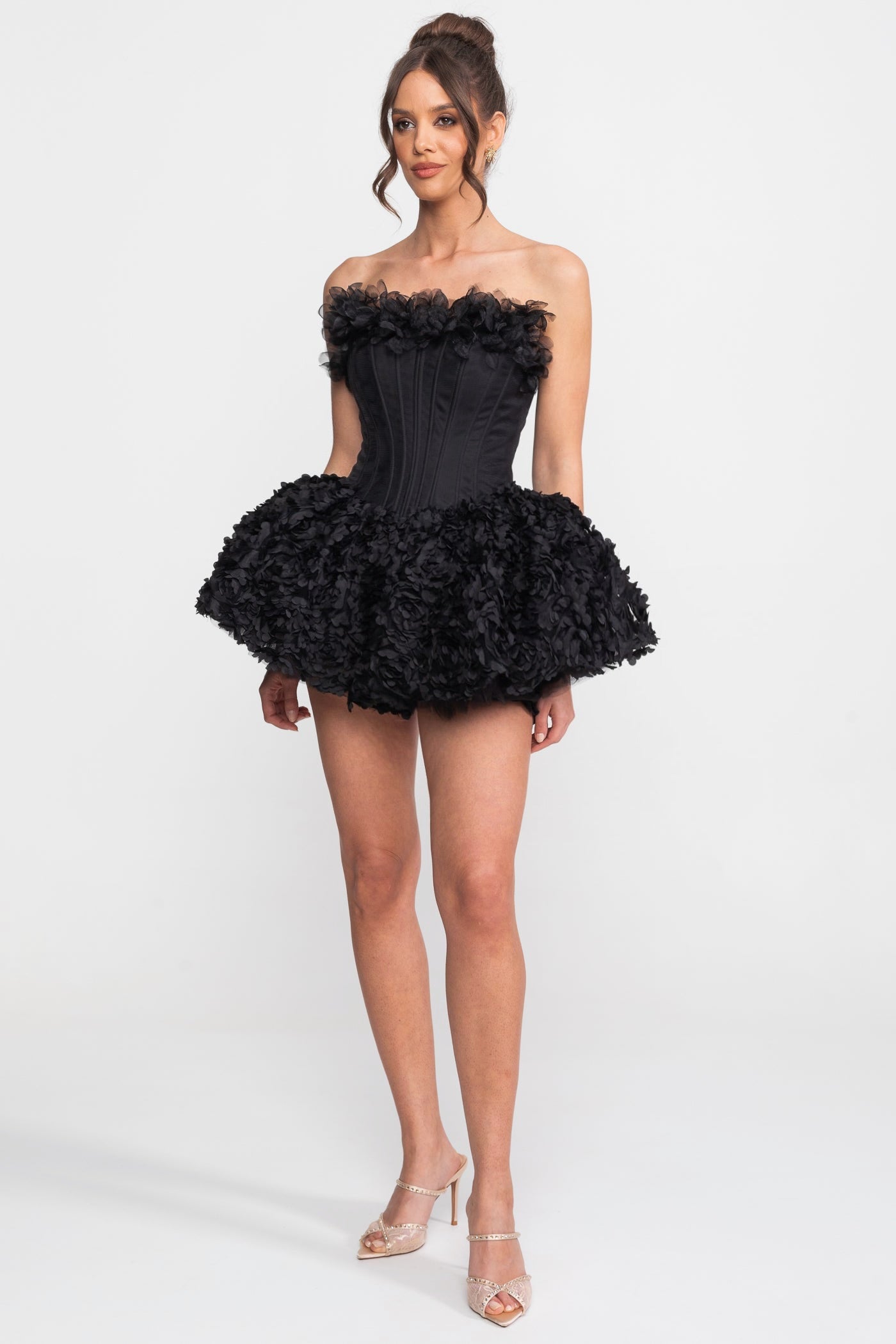 Trägerloses Korsett-Minikleid mit 3D-Rosen-Applikation am Rock - Schwarz 