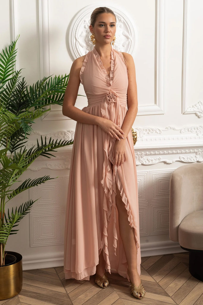Maxikleid mit Rüschen und Neckholder, verziert mit Rosetten-Bindung - Pink 