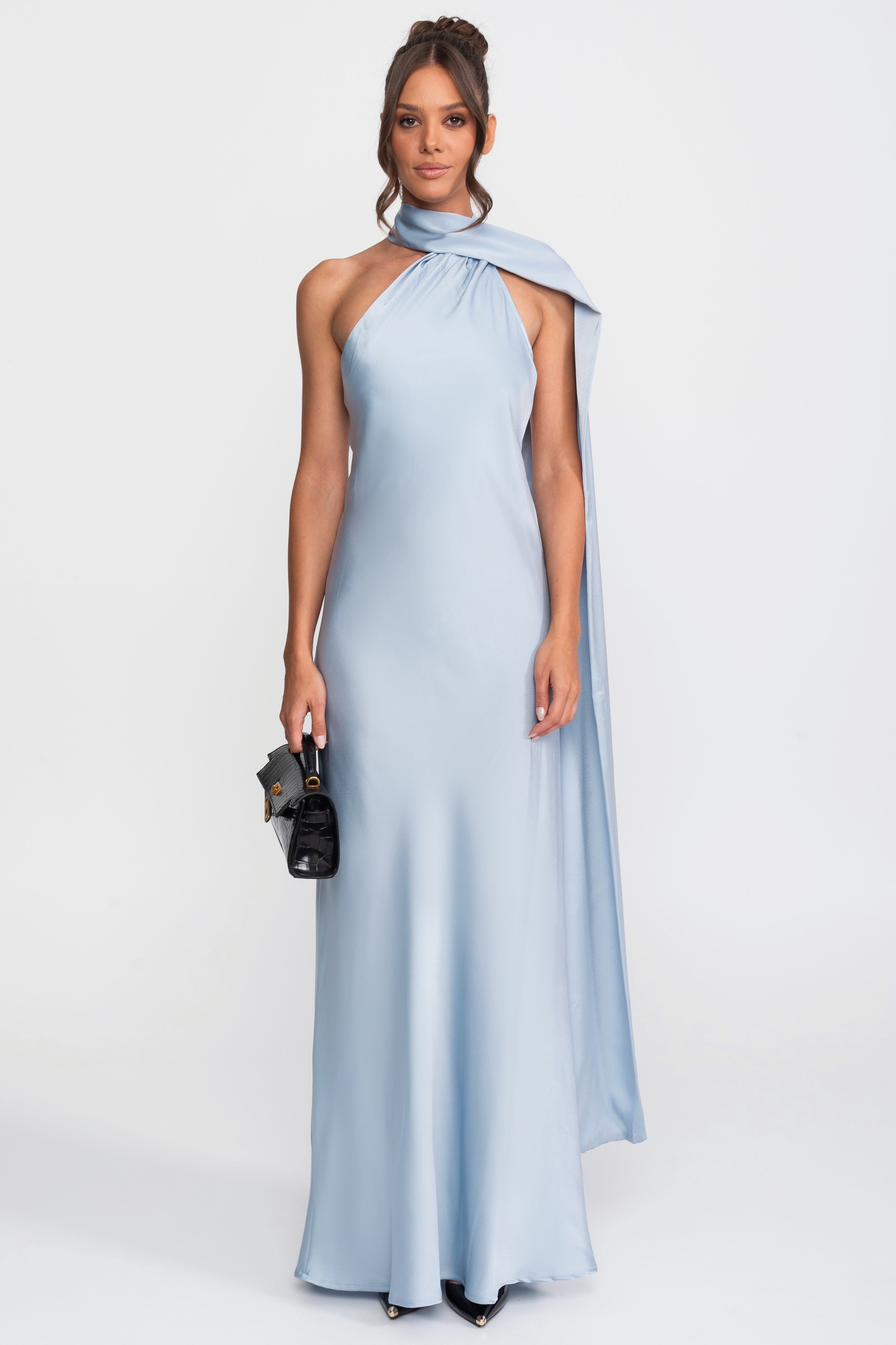 Twist-Halter-Satinkleid mit asymmetrischem Ausschnitt - Blau 