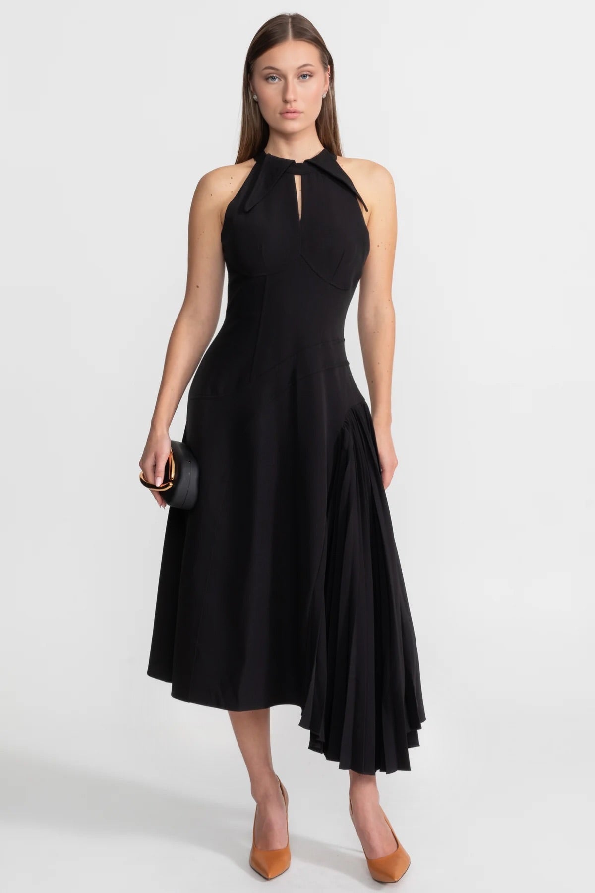 Pleated Halter Midi Dress With Keyhole Detail - Black