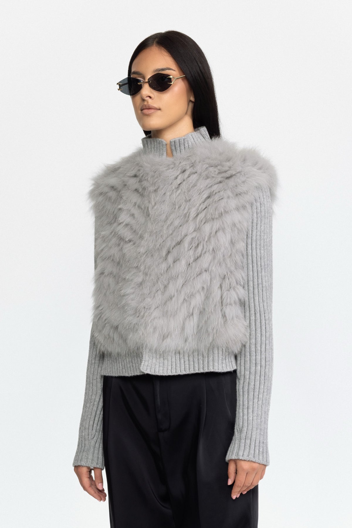 Knitted Fox Fur Jacket with Rib Knit Sleeves - Grey