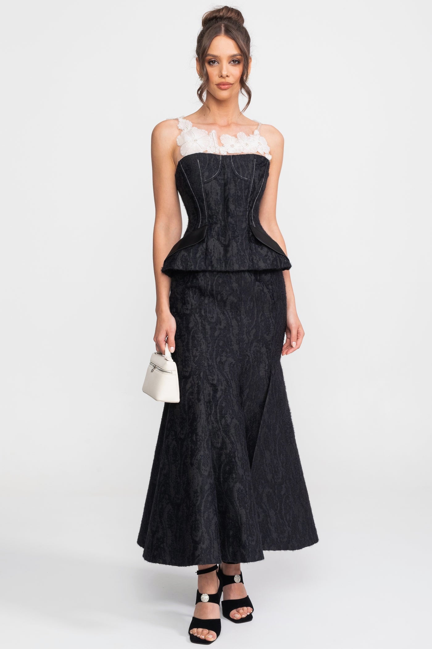 Jacquard-Maxiset mit transparenter floraler Halslinie und Peplum-Taille - Schwarz 