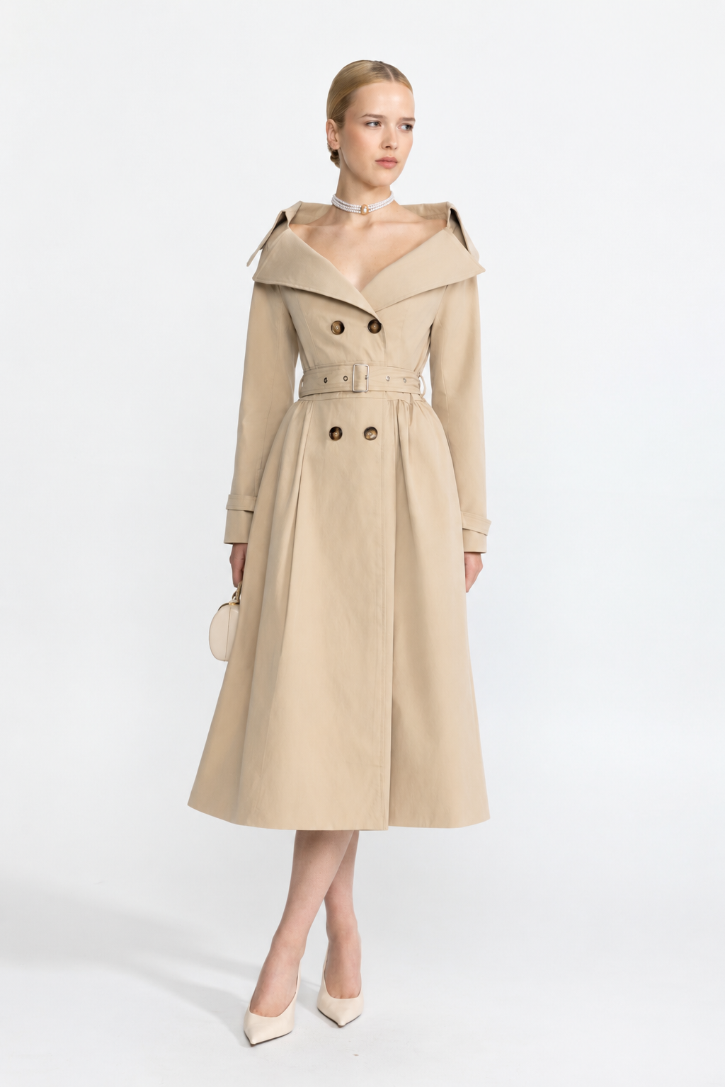 Off-Shoulder Collar Belted Trench Dress - Beige
