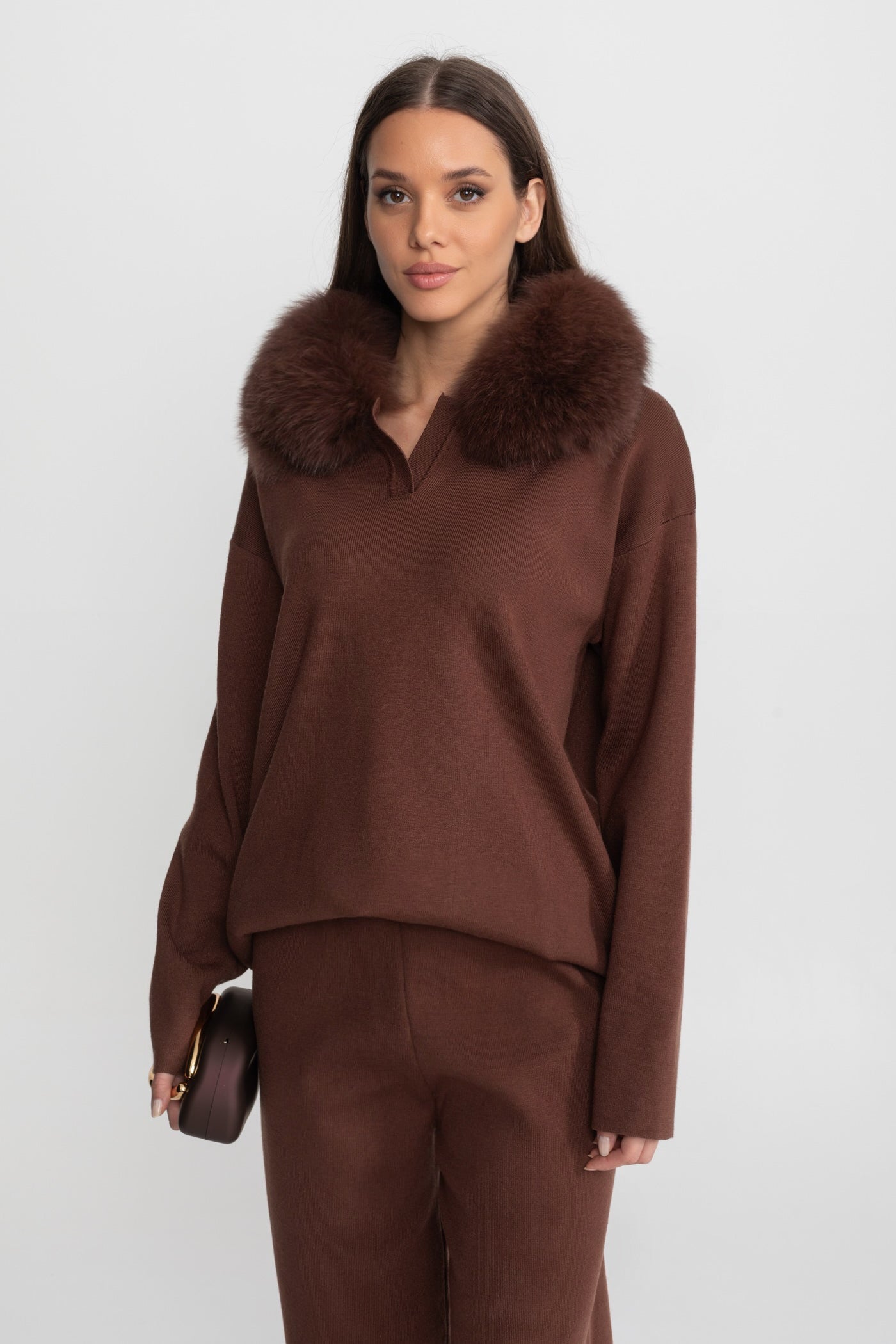 Knit Lounge Co-Ord Set with Fox Fur Collar – Brown