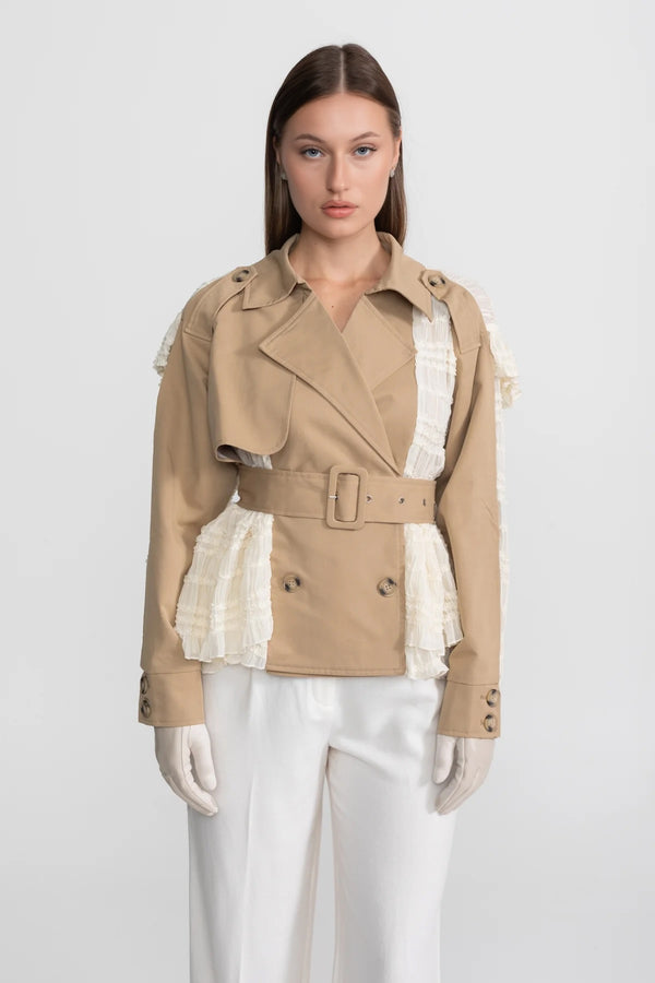 Trenchcoat mit Spitzenpaneel und Gürtel – Beige 