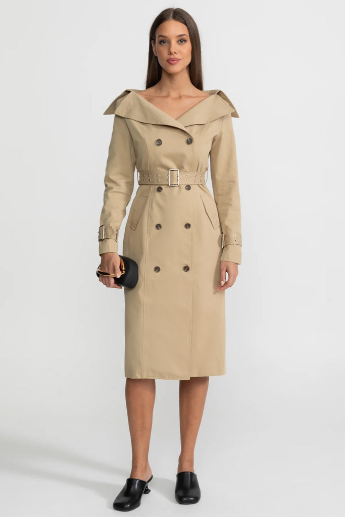 Schulterfreies, doppelt geknöpftes Trenchcoat-Kleid mit tailliertem Gürtel – Braun 