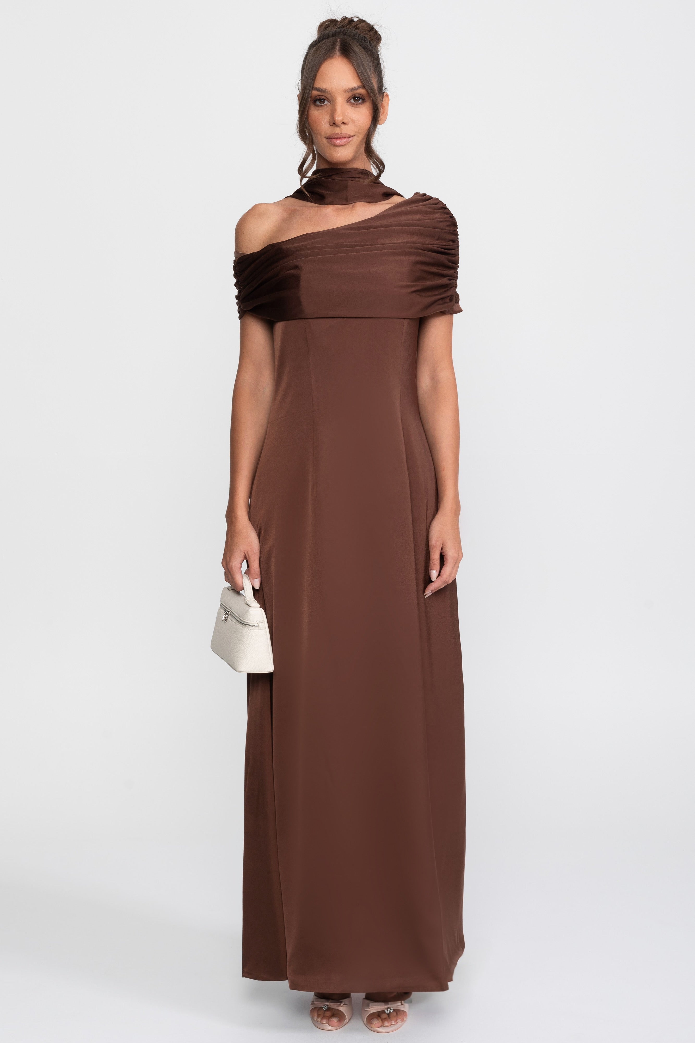 One-Shoulder drapiertes Satin-Abendkleid mit gerafftem Wickeldesign - Braun 