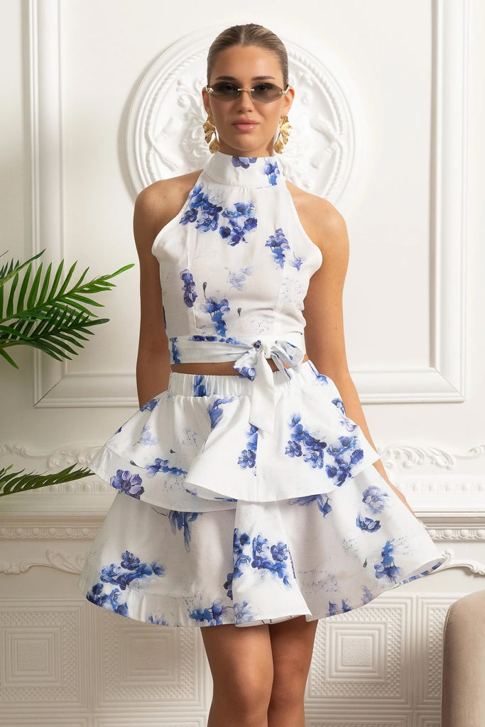 Floraler Neckholder-Crop-Top und mehrlagiger Rüschen-Minirock-Set - Weiß/Blue 