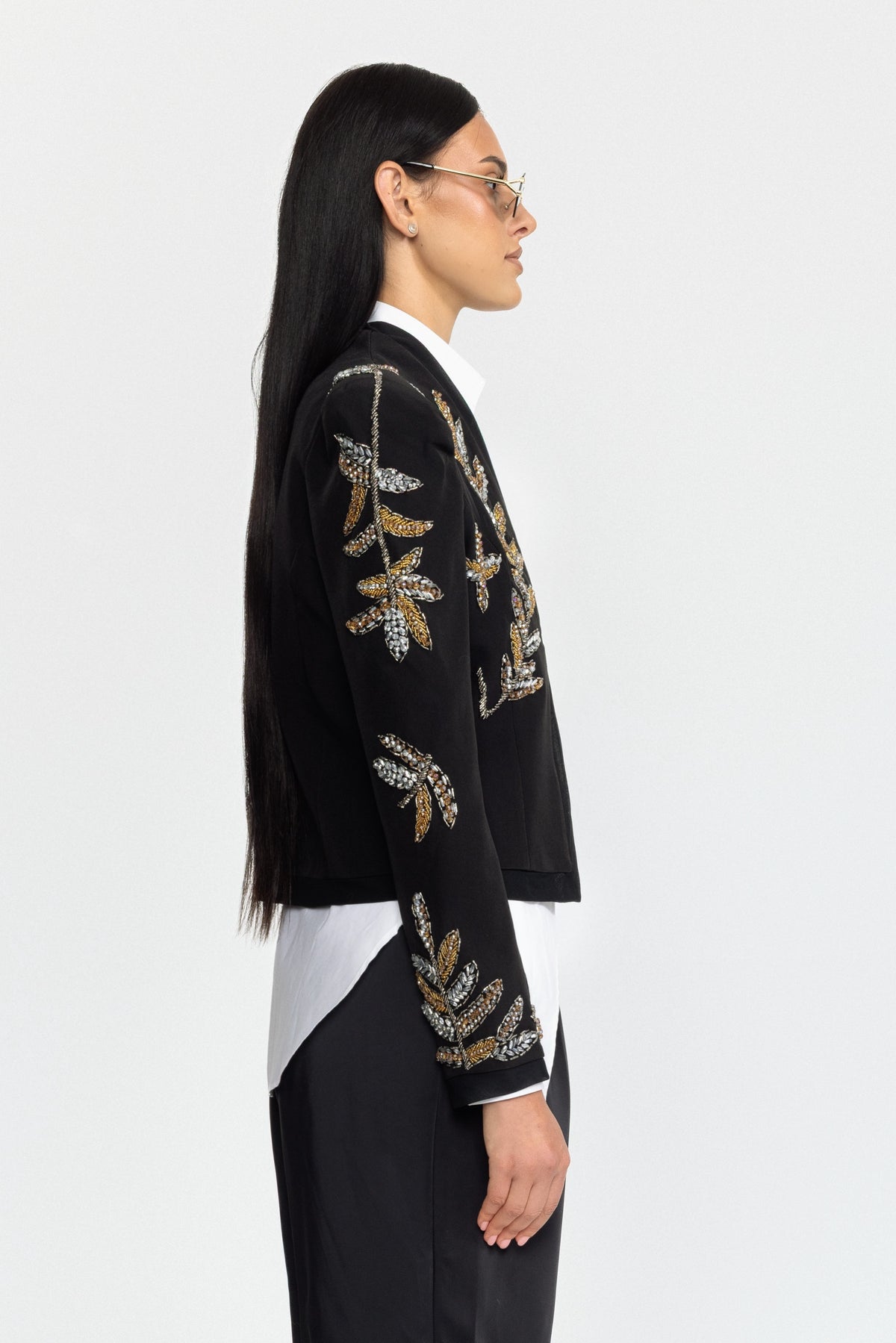 Embellished Laurel Cropped Blazer - Black