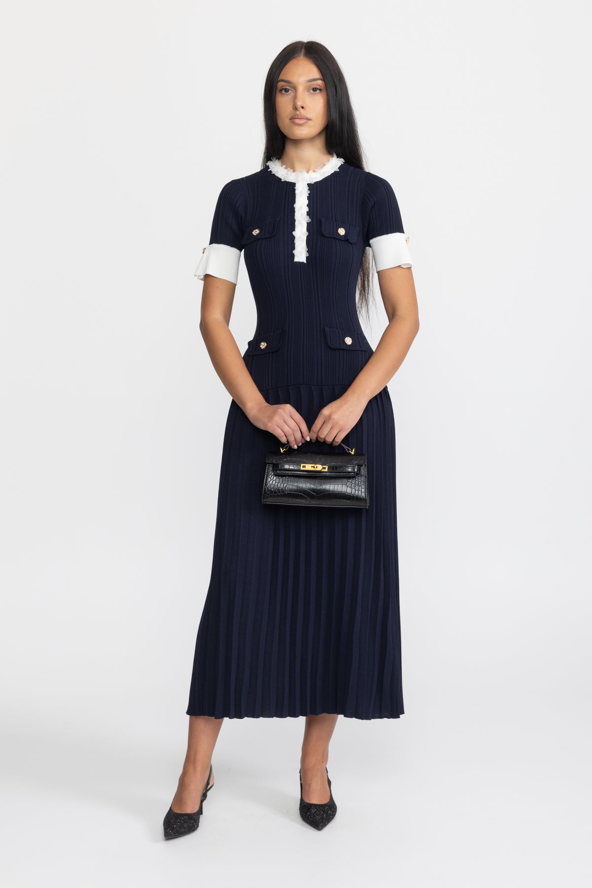 Plissiertes Midikleid aus Strick mit Rüschenbesatz - Navy 