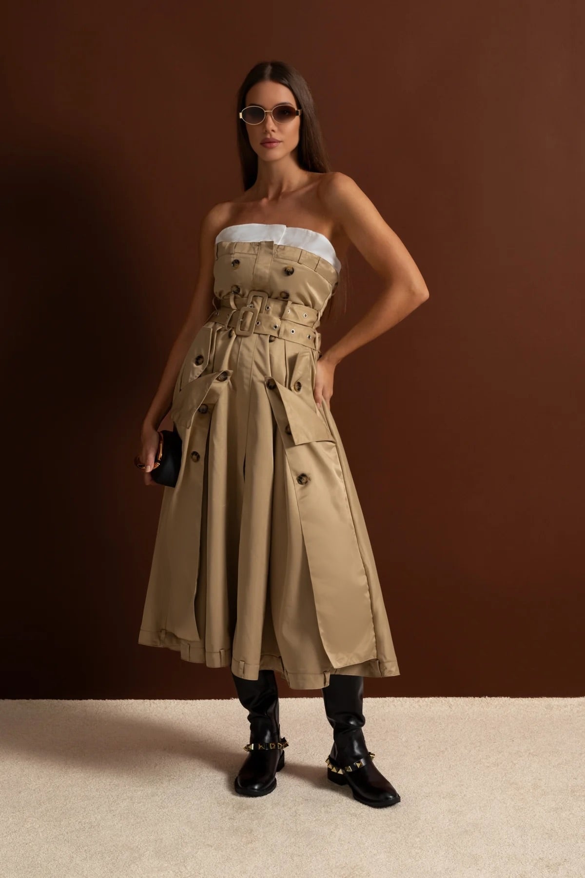 Strapless Trench Midi Dress With Belted Waist – Beige
