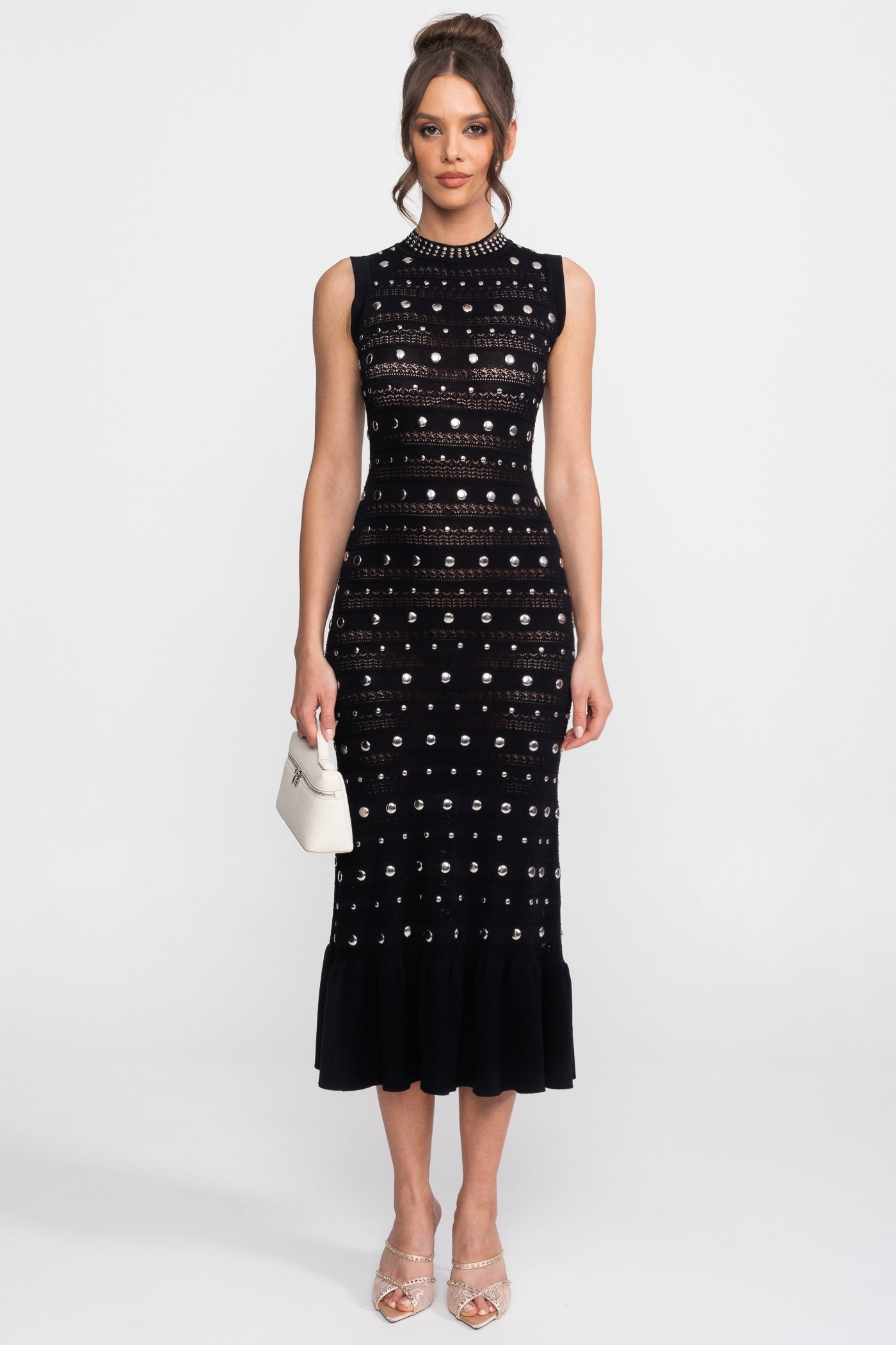Embellished Knit Midi Dress With High Neck And Ruffle Hem - Black