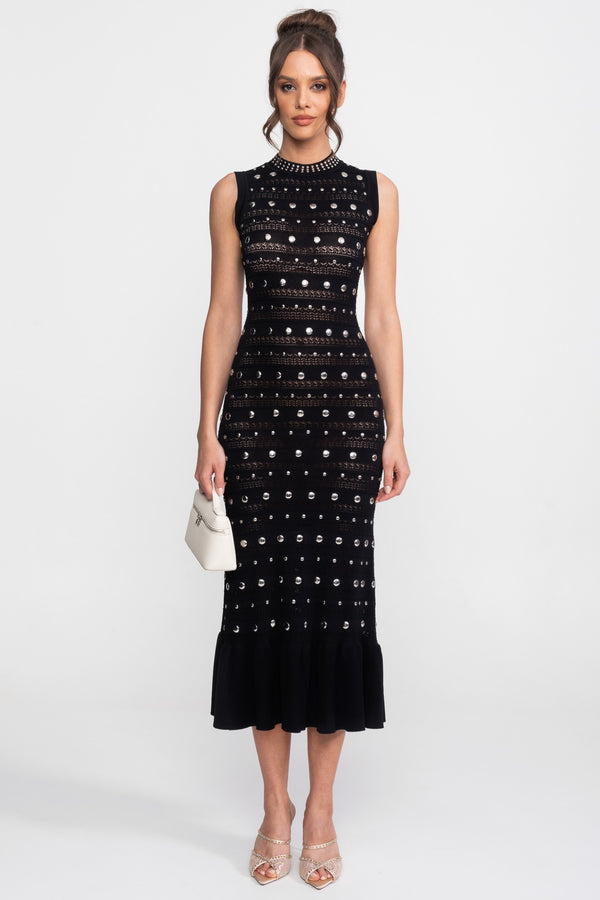 Verzierte Strick-Midi-Kleid mit hohem Kragen und Rüschen-Saum - Schwarz 