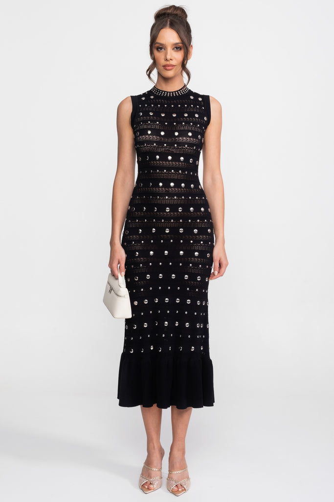 Verzierte Strick-Midi-Kleid mit hohem Kragen und Rüschen-Saum - Schwarz 