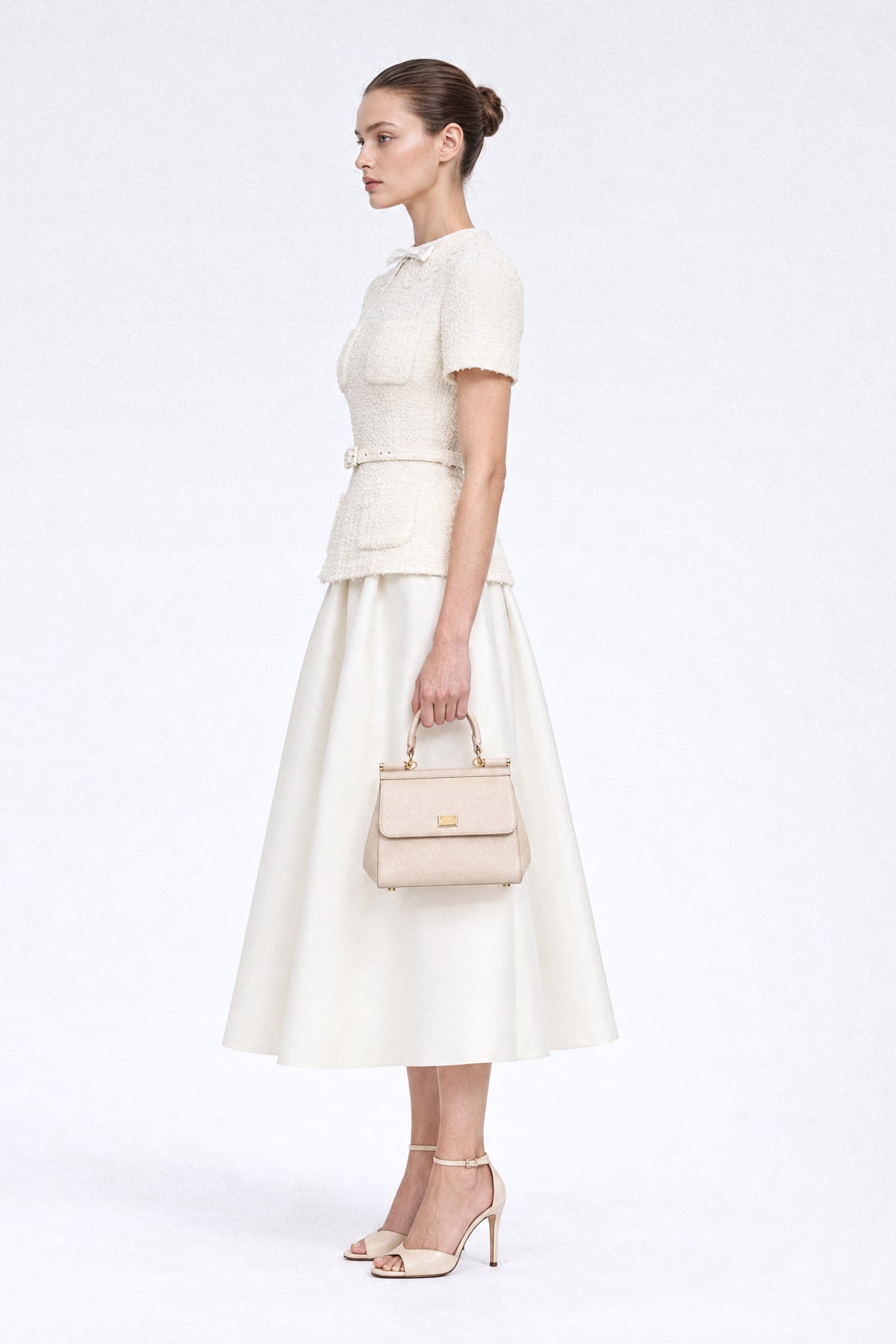 Tweed-Peplum-Midi-Kleid mit Spitzenkragen - Ivoire 