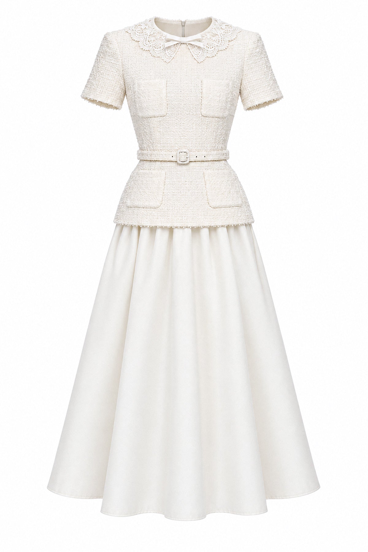 Tweed-Peplum-Midi-Kleid mit Spitzenkragen - Ivoire 