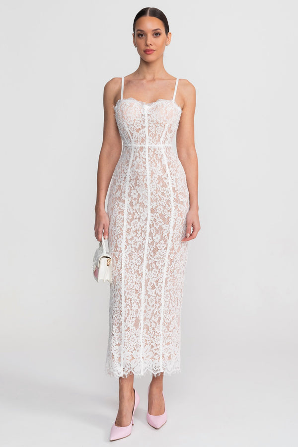 Spitzen-Midikleid mit transparentem Korsett-Oberteil – Weiß 