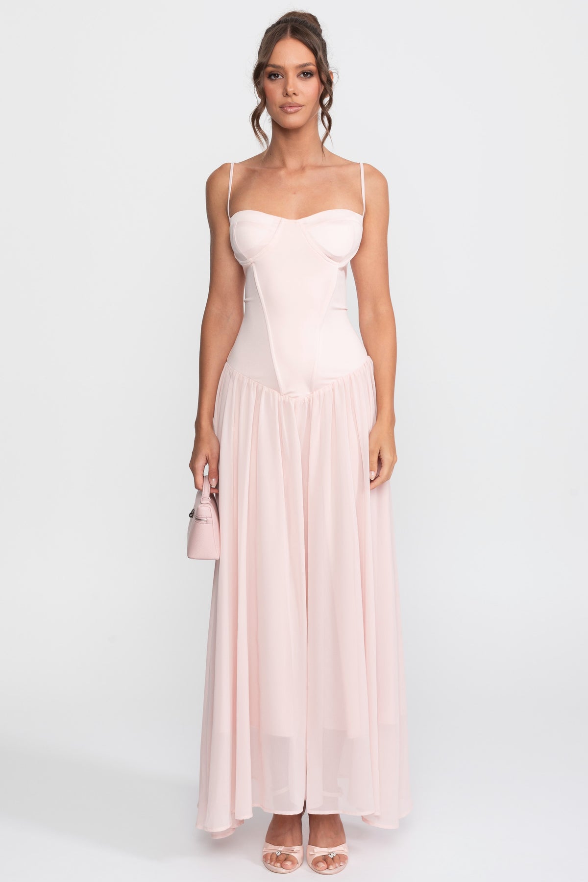 Corset Bodice Chiffon Gown With Dropped Waist - Pink