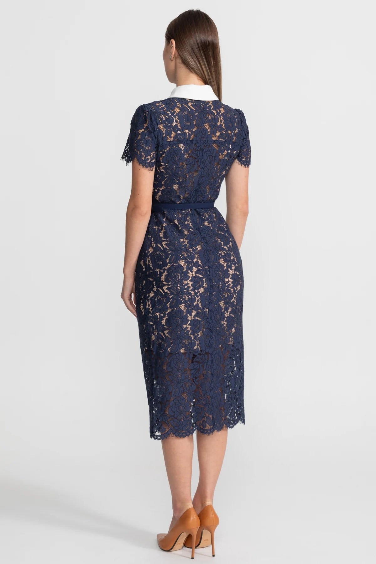 Floral Lace Midi Dress with Tailored Collar and Belted Waist - Navy