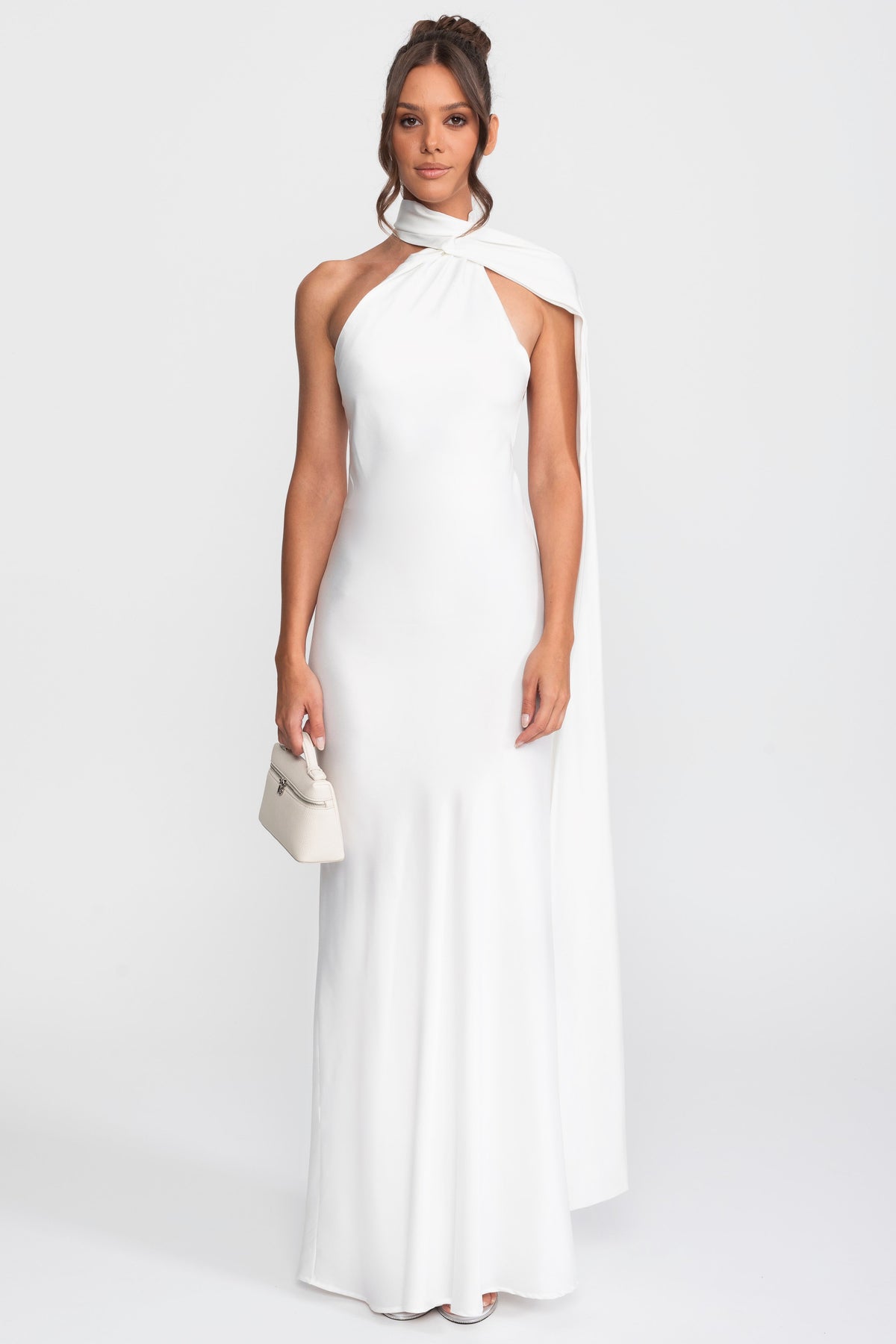 Twist-Halter-Satinkleid im Slip-Stil mit asymmetrischem Ausschnitt - Weiß 